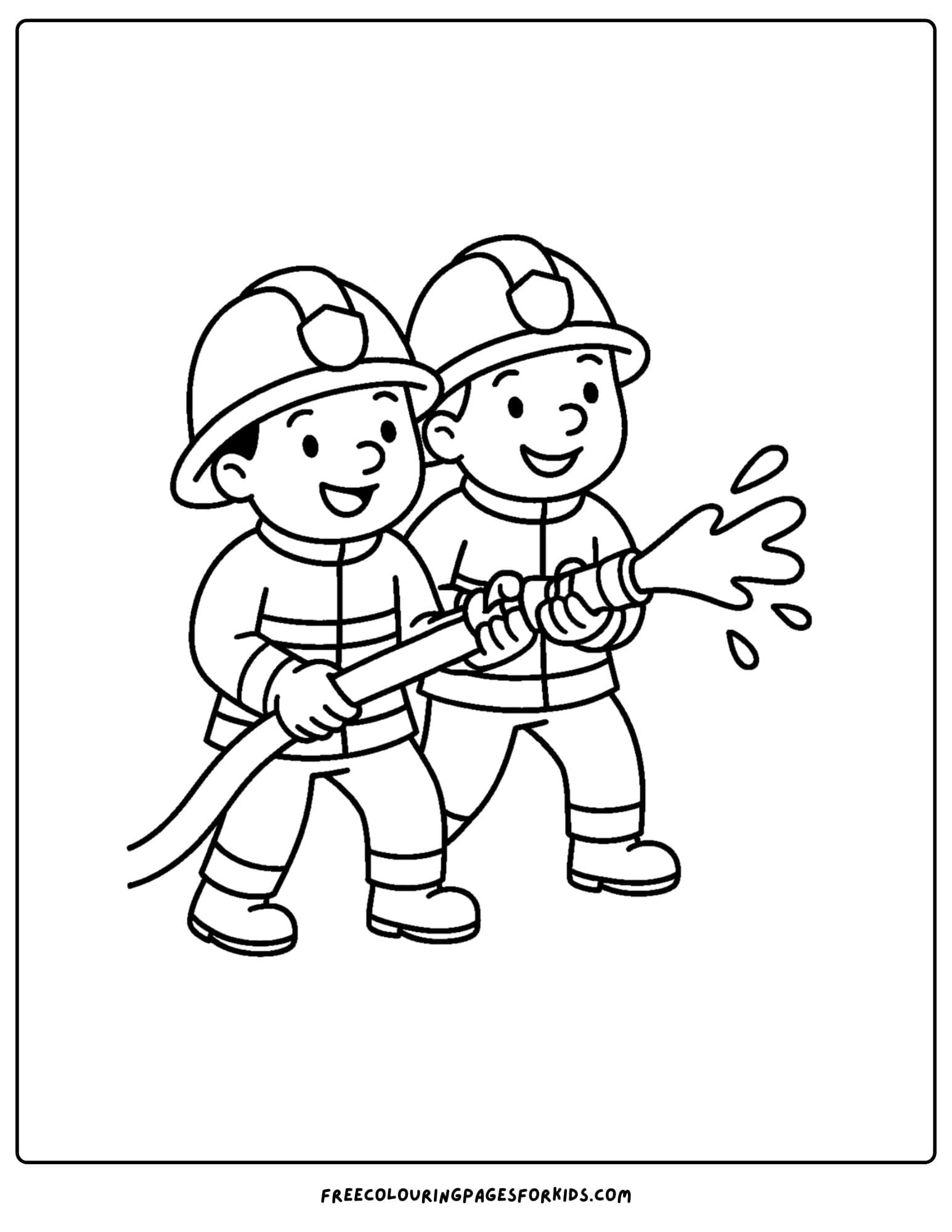 a firefighter coloring page featuring a firefighter team holding a hose