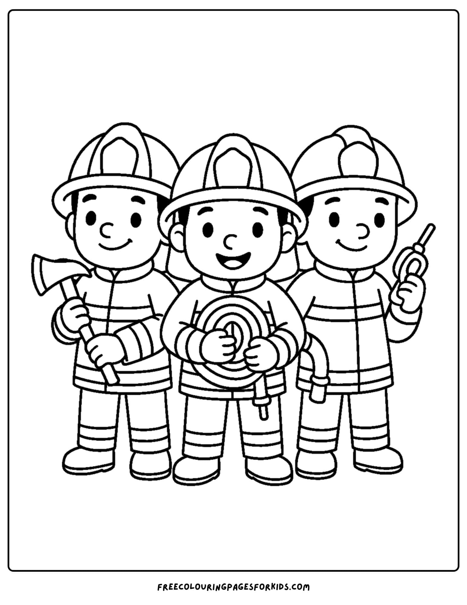 a firefighter coloring page featuring a firefighter team posing with tools