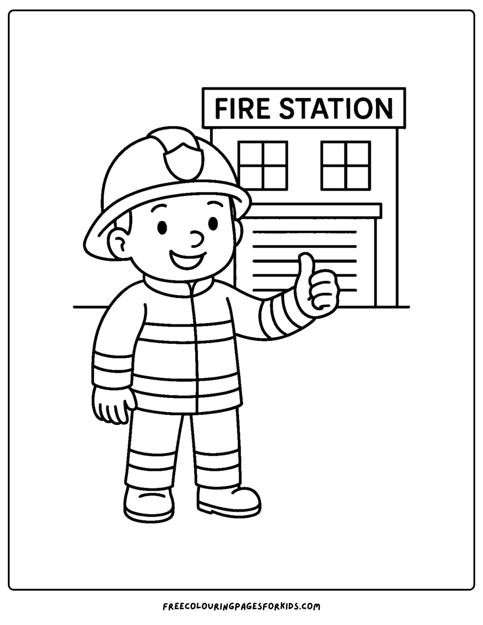a firefighter coloring page featuring a firefighter outside a fire station
