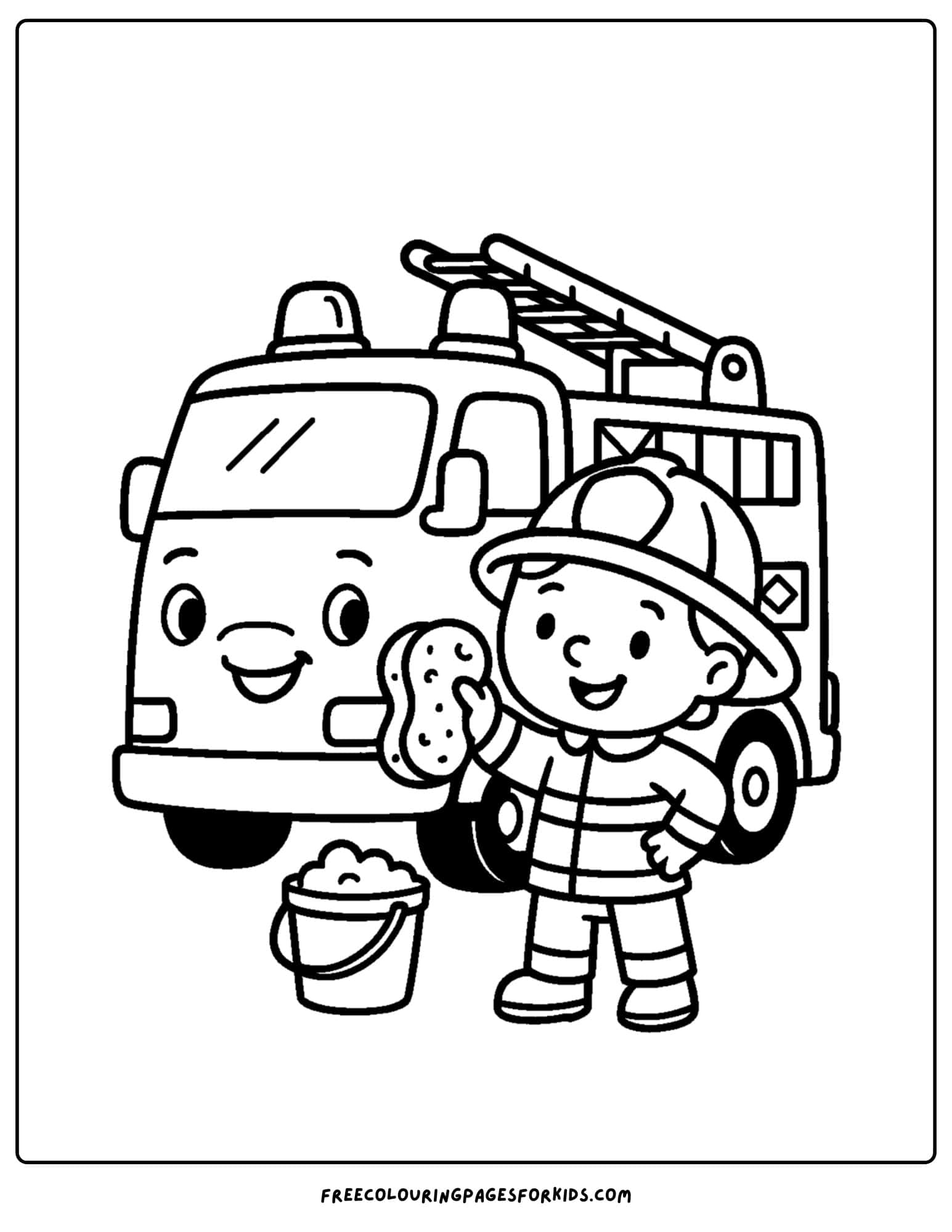 a firefighter coloring page featuring a firefighter washing a fire truck