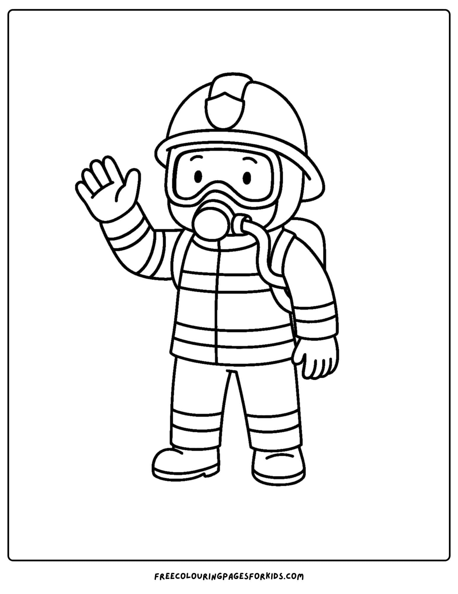 a firefighter coloring page featuring a firefighter wearing a full safety gear outfit with mask