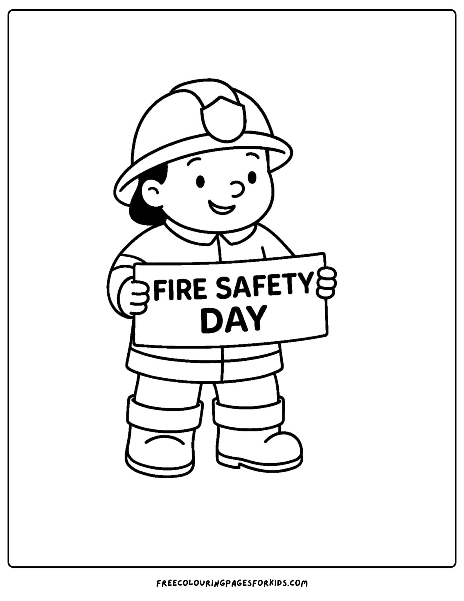 a firefighter coloring page featuring a firefighter holding a fire safety day sign