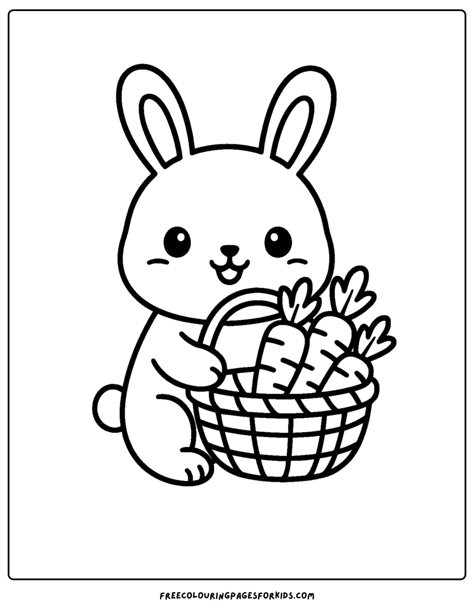 a kawaii coloring page of a cute rabbit with a basket of carrots