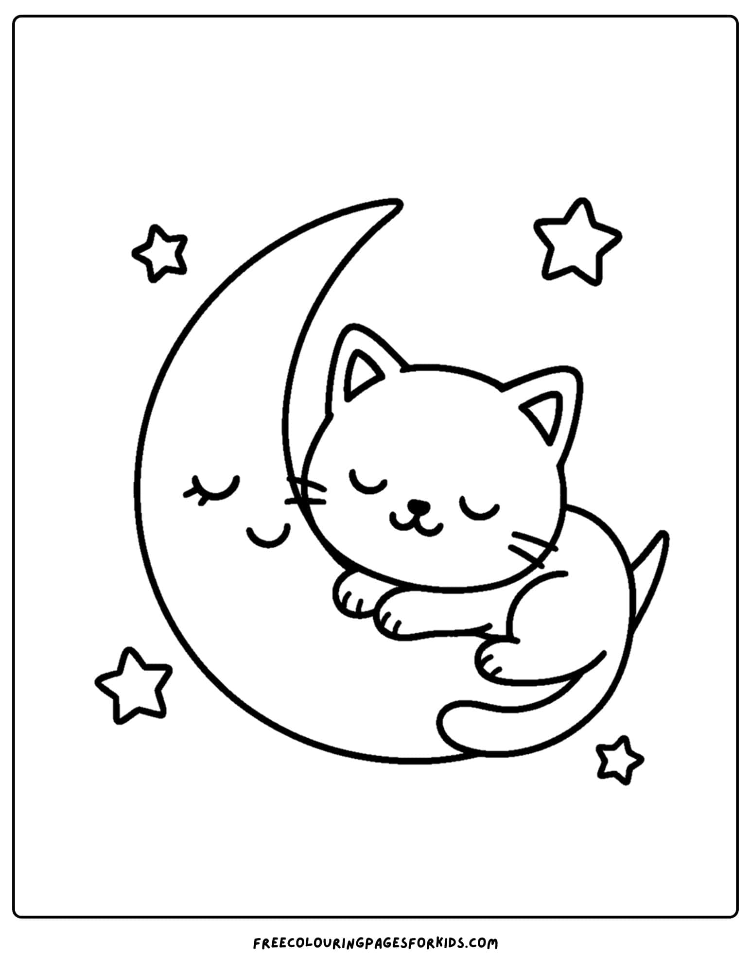 a kawaii coloring page of a cute cat sleeping on a moon