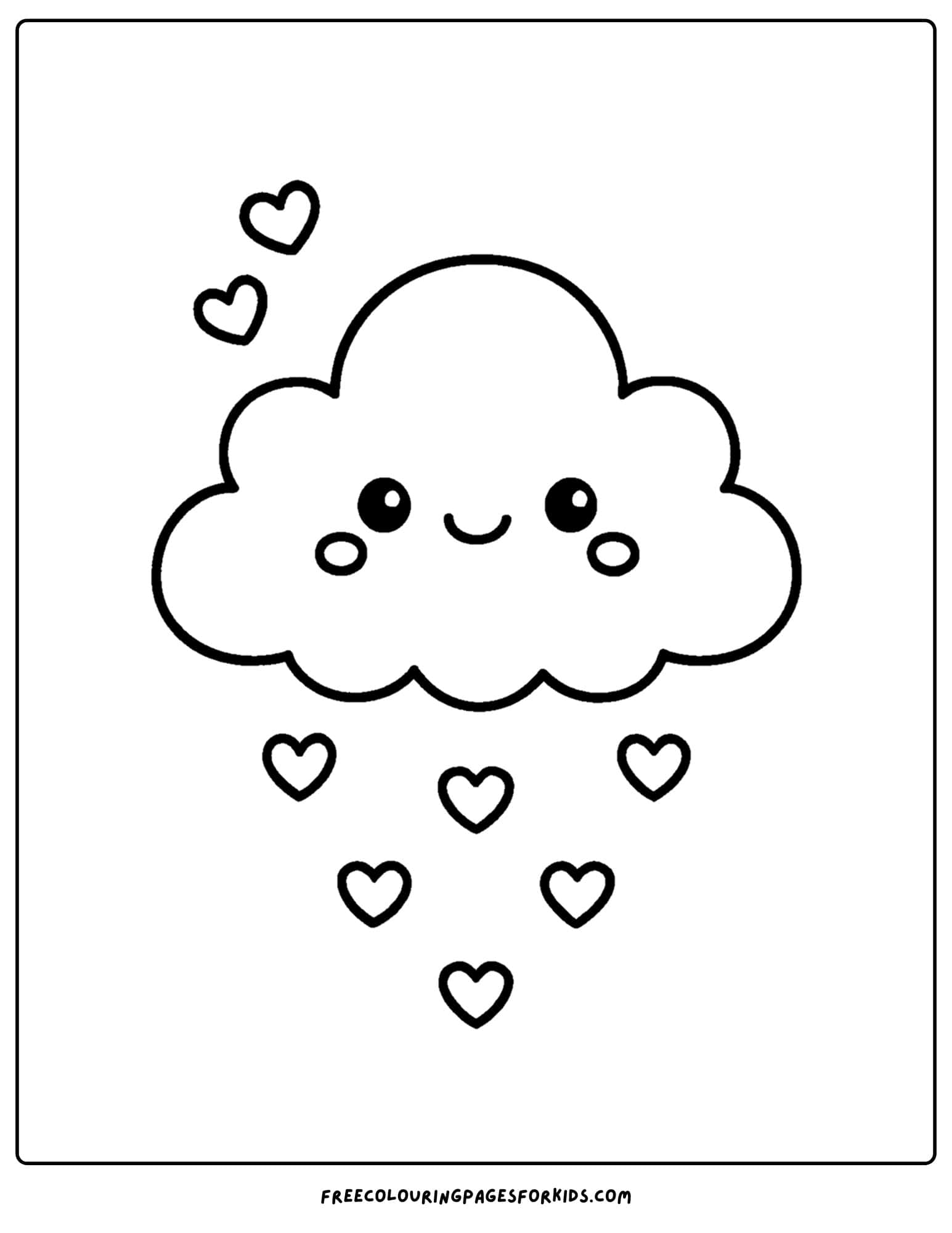 a kawaii coloring page of a cute rain cloud with heart shaped rain drops