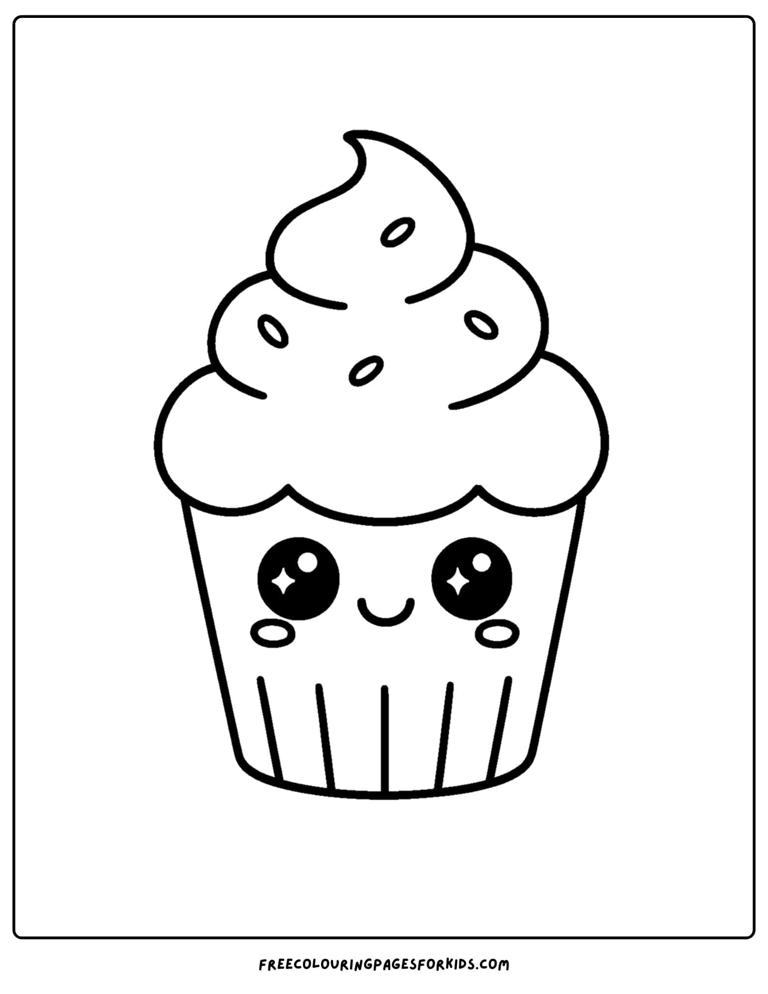 a kawaii coloring page of a cute cupcake with sparkling eyes