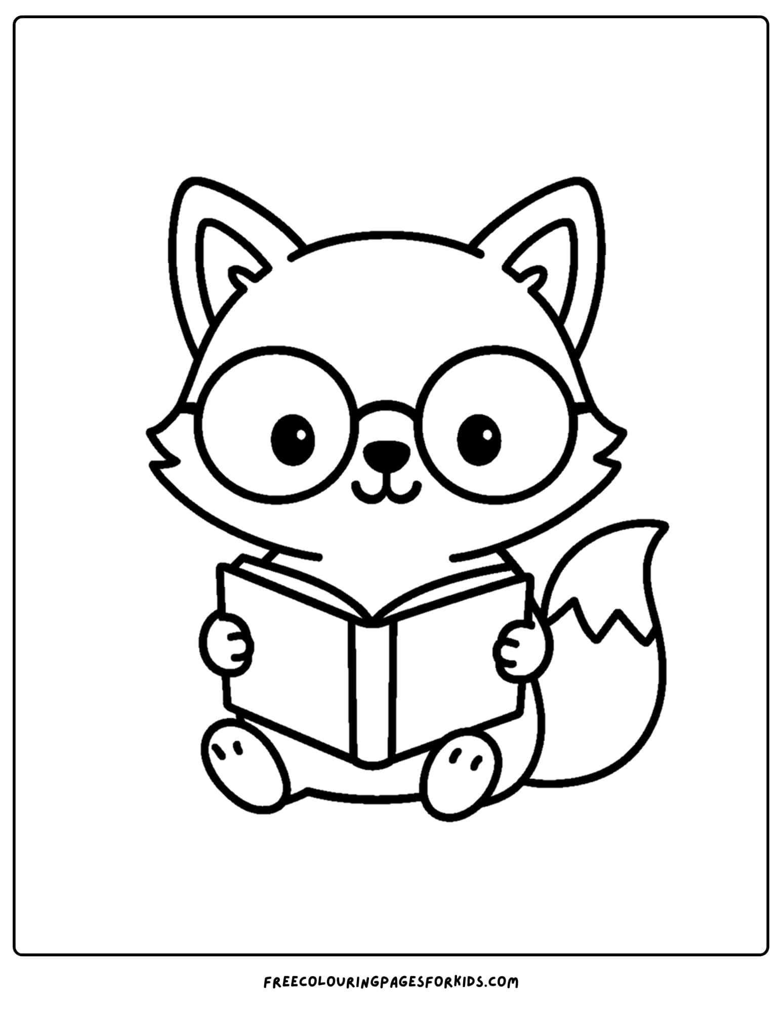 a kawaii coloring page of a cute fox reading a book