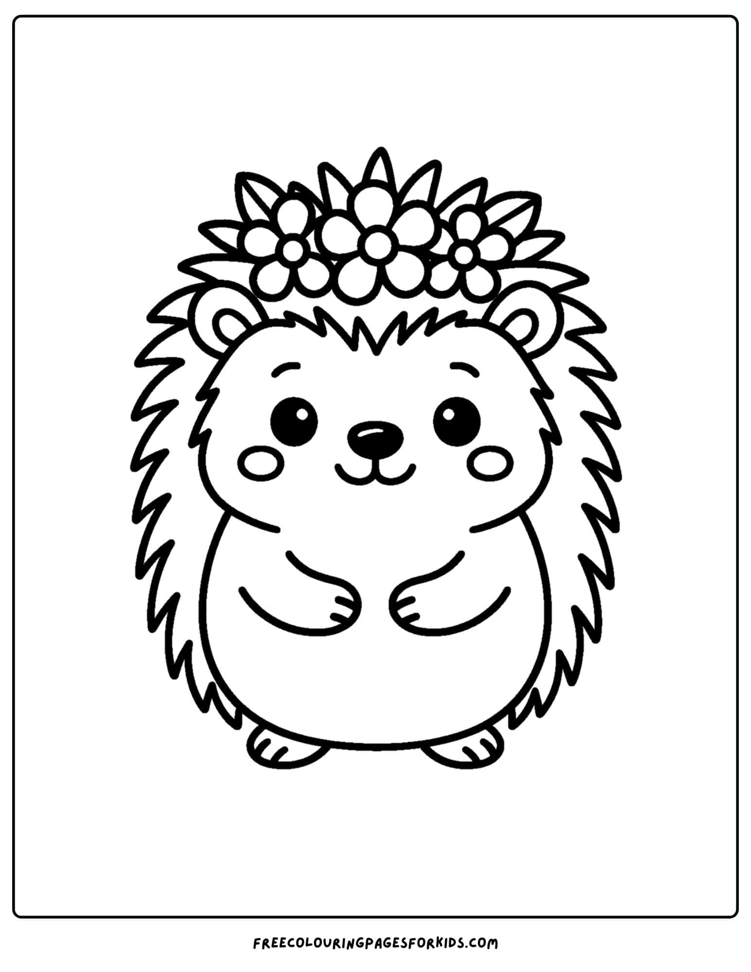 a kawaii coloring page of a cute hedgehog with a flower crown