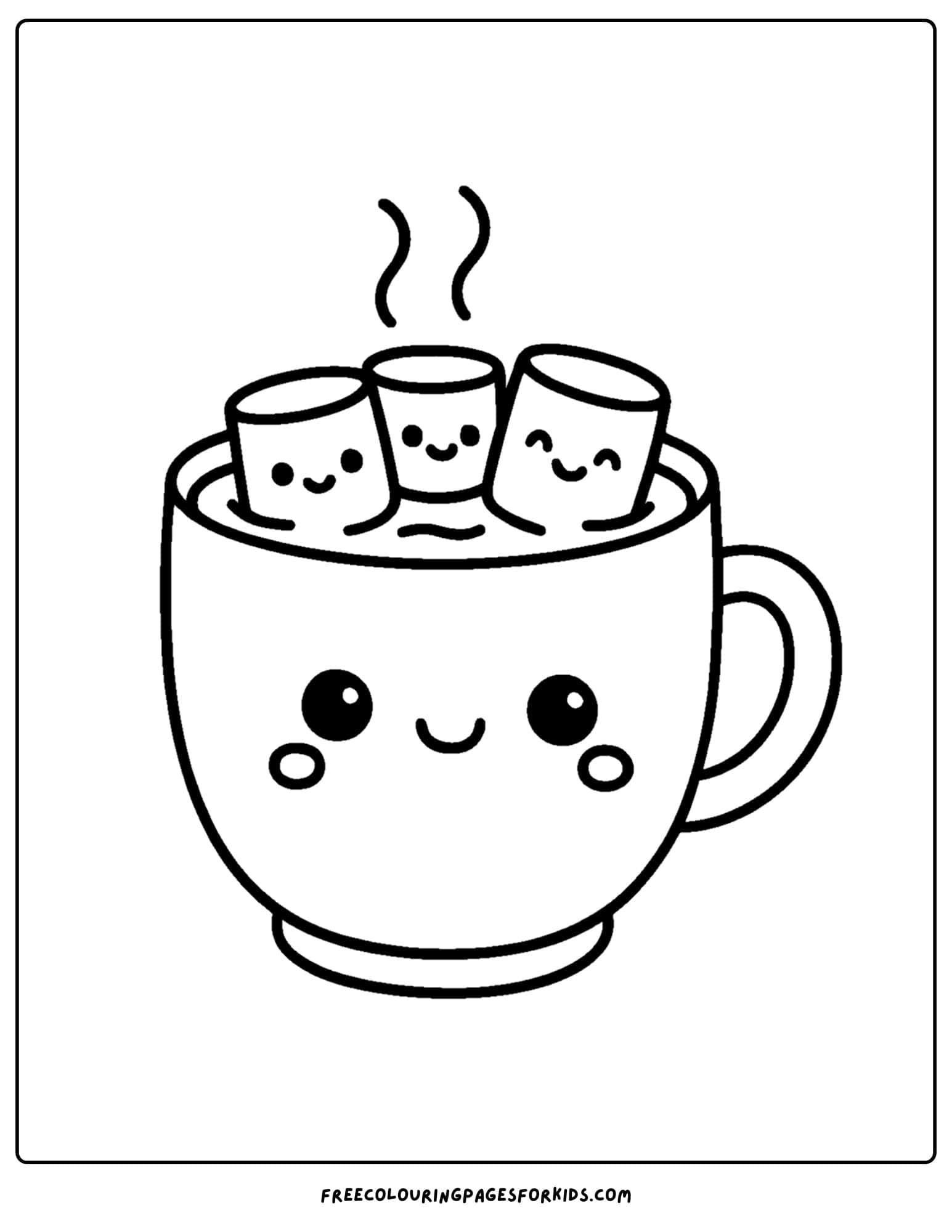 a kawaii coloring page of a cute cup of hot chocolate with marshmallows
