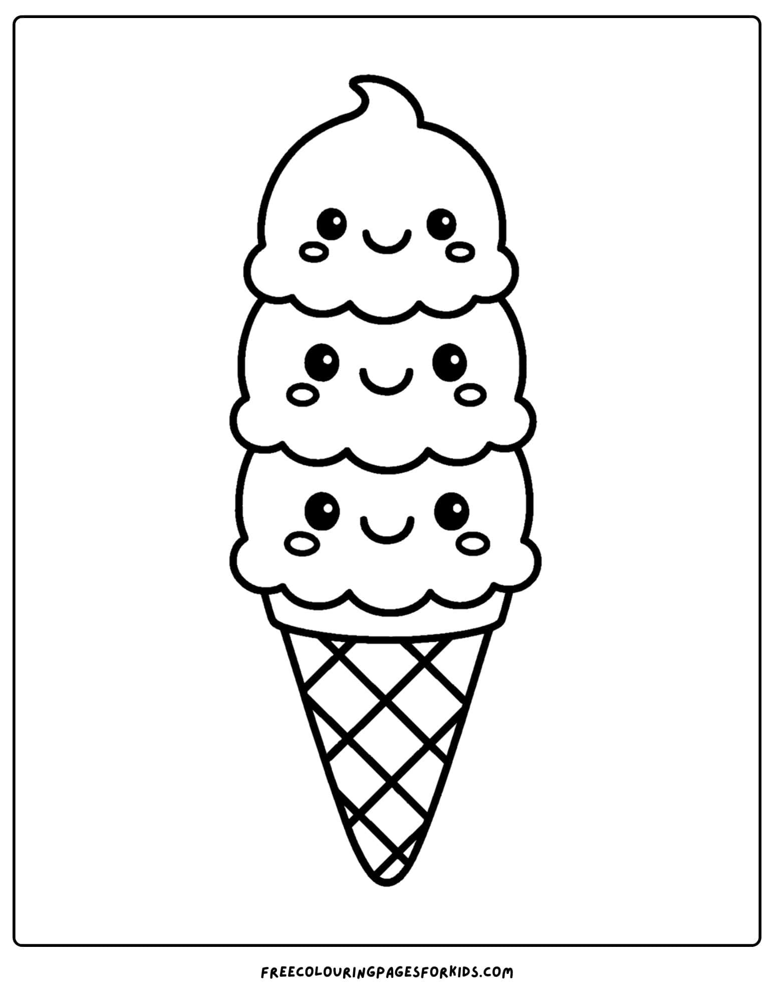 a kawaii coloring page of a cute ice cream with 3 scoops