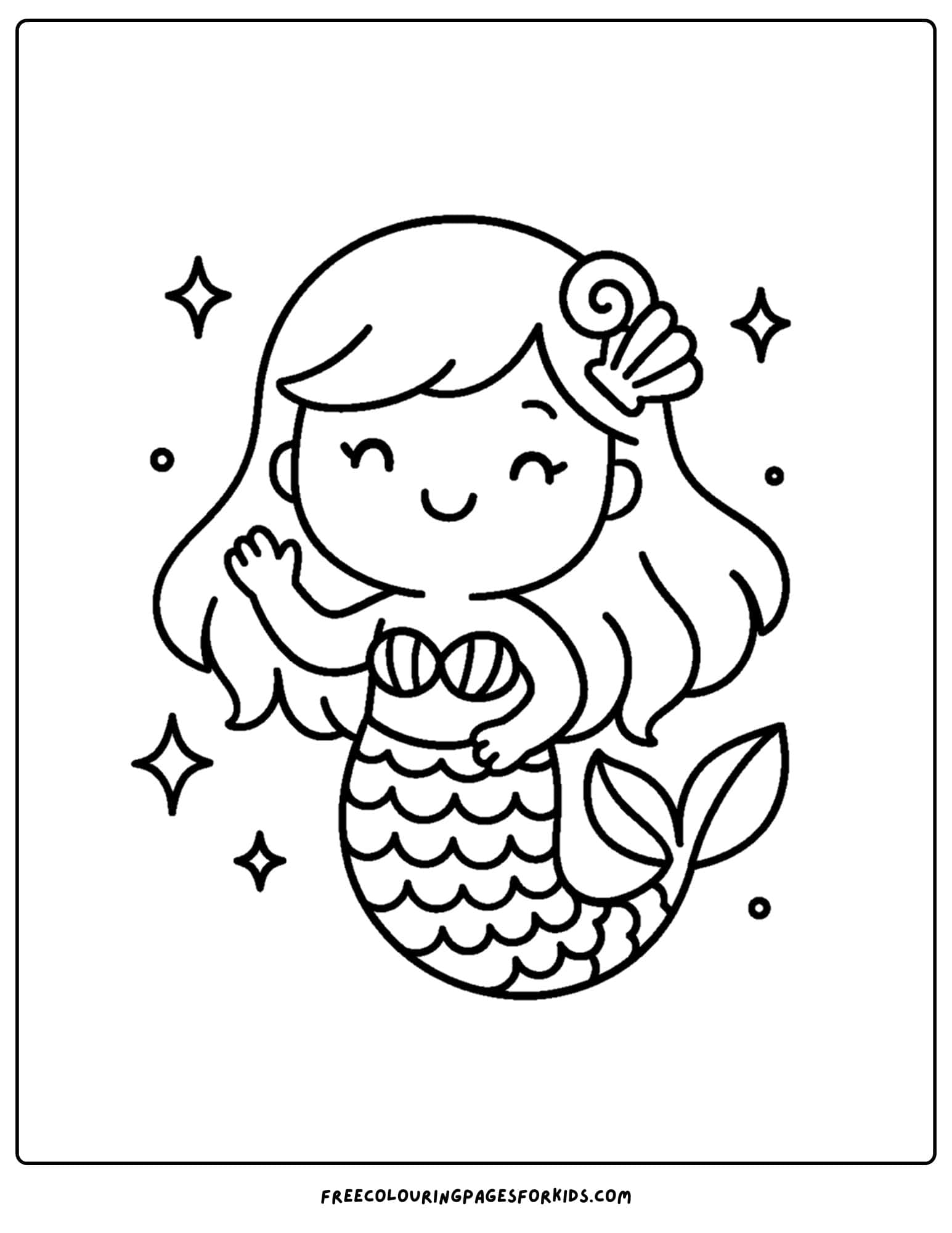 a kawaii coloring page of a cute mermaid waving