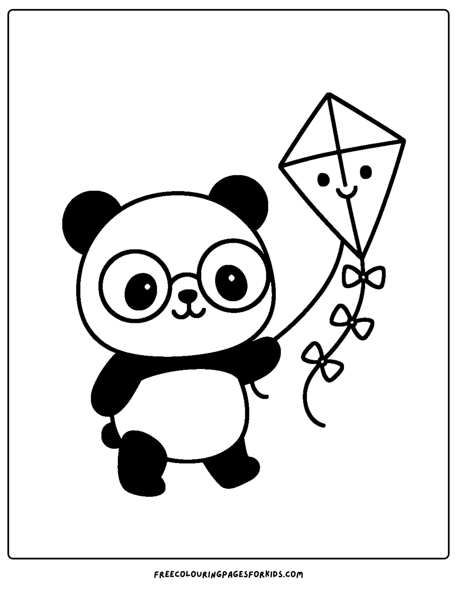 a kawaii coloring page of a cute panda flying a kite