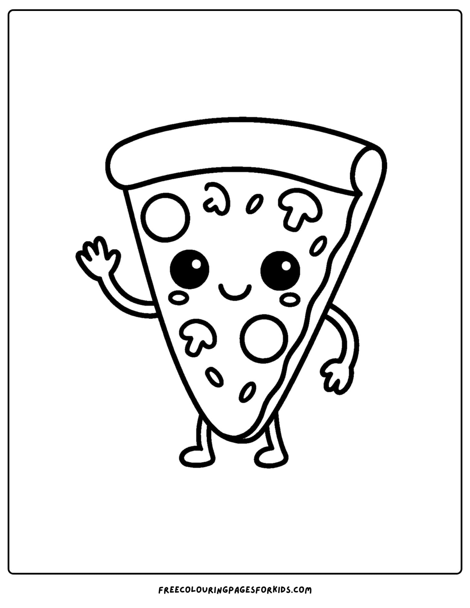 a kawaii coloring page of a cute pizza slice waving