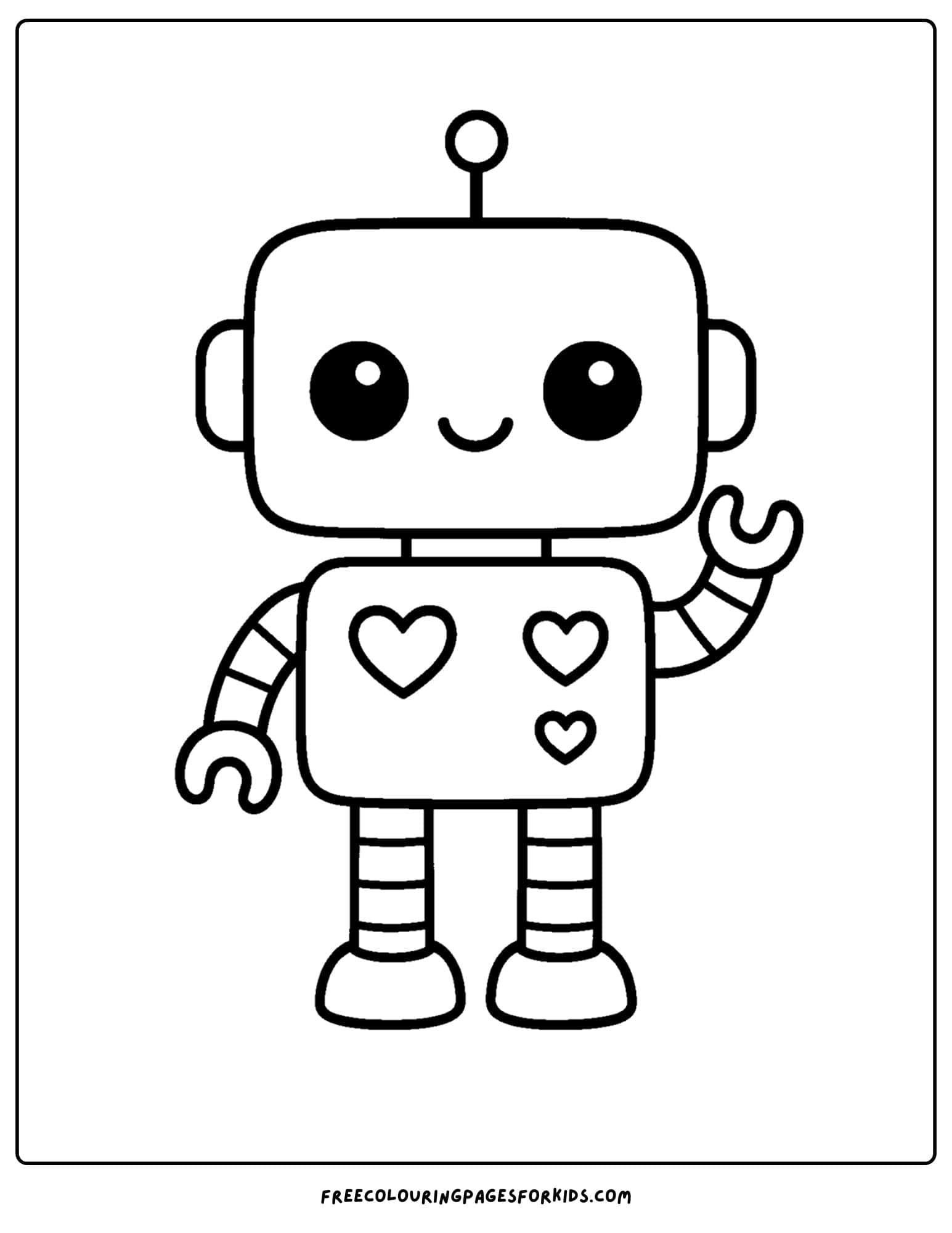 a kawaii coloring page of a cute robot waving