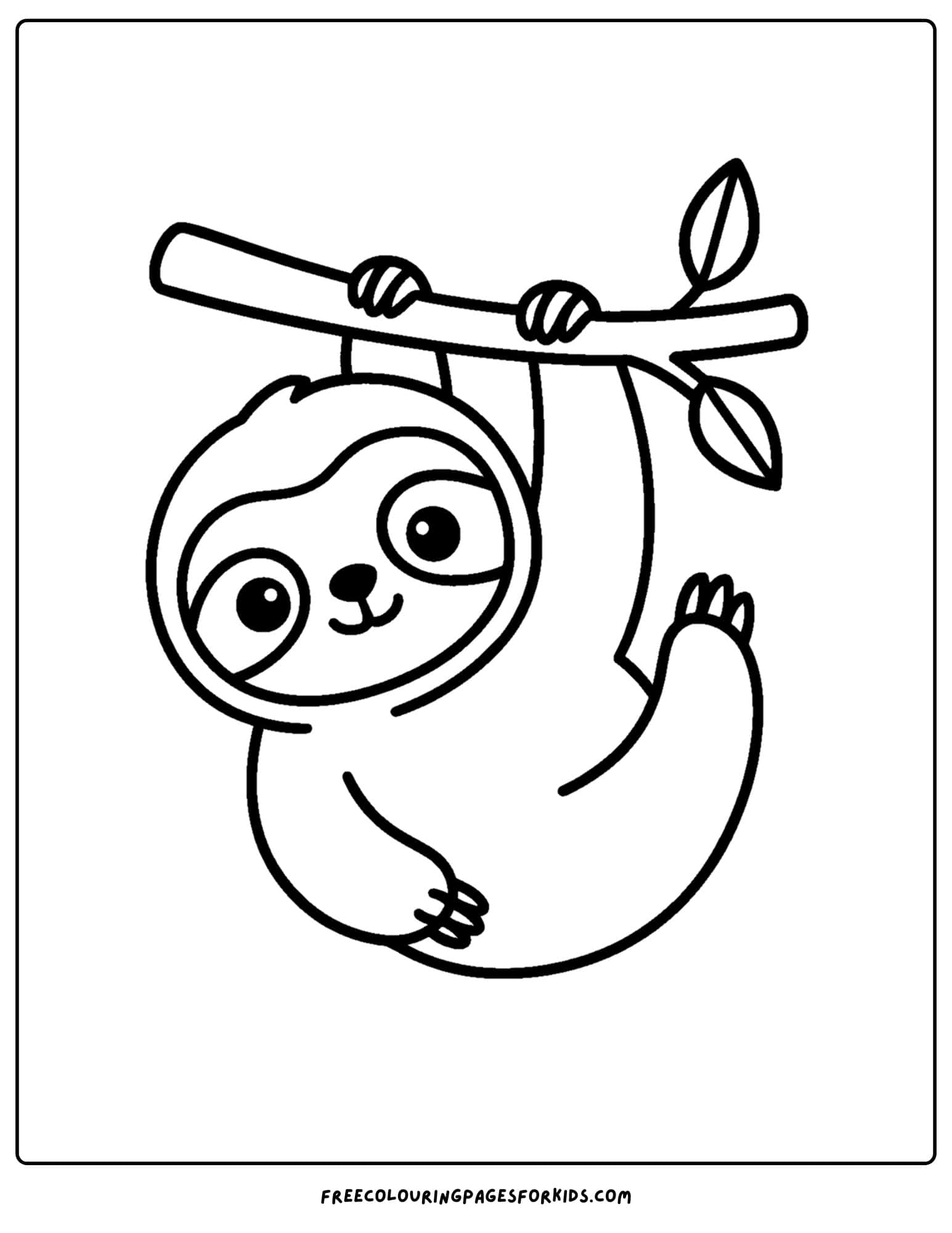 a kawaii coloring page of a cute sloth hanging on a branch