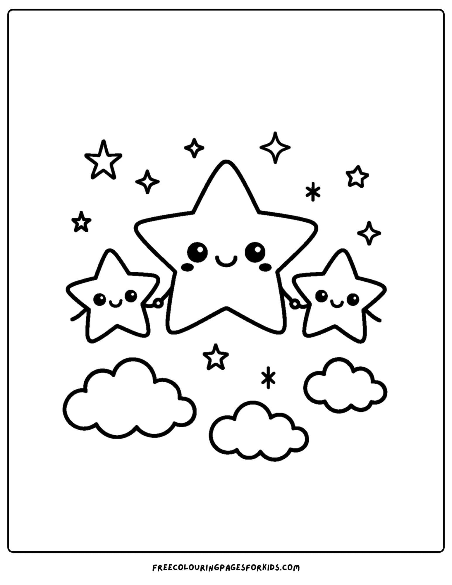 a kawaii coloring page of a cute trio of stars holding hands