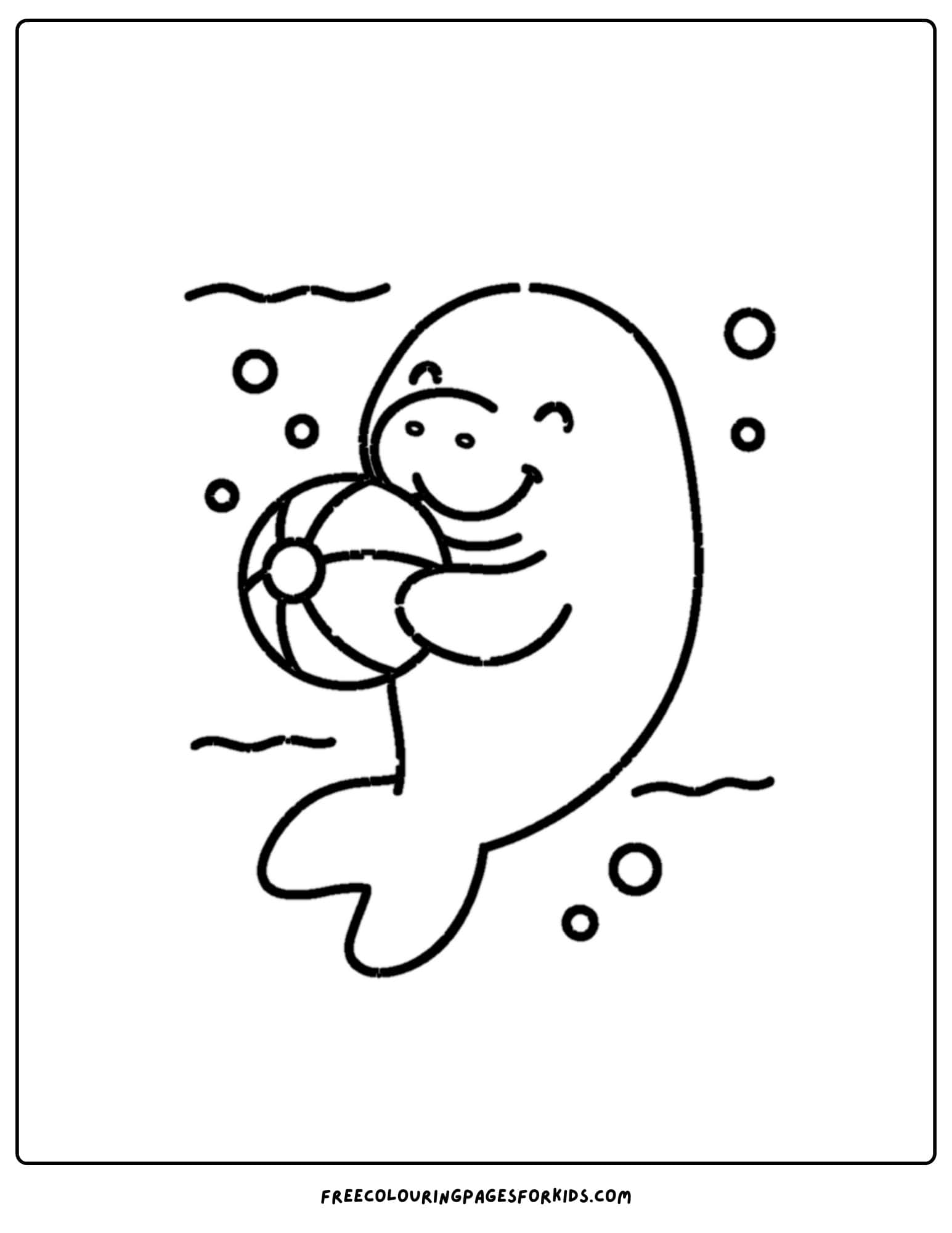 a manatee coloring page showing a manatee holding a beach ball