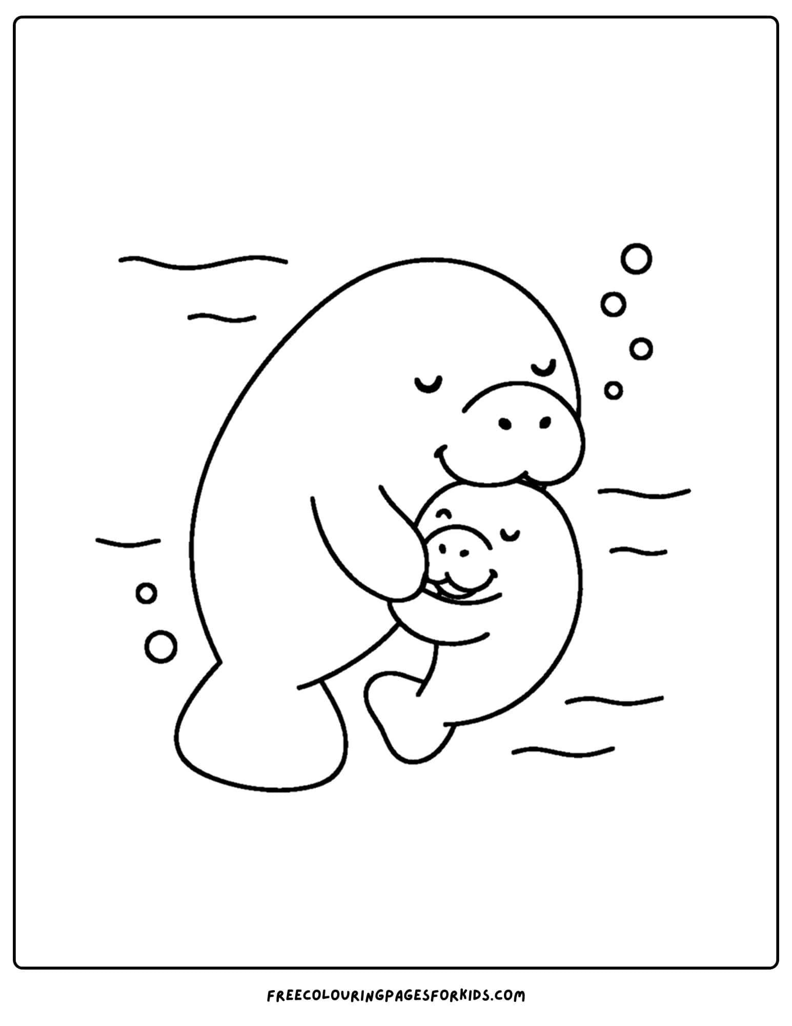 a manatee coloring page showing a manatee hugging its baby