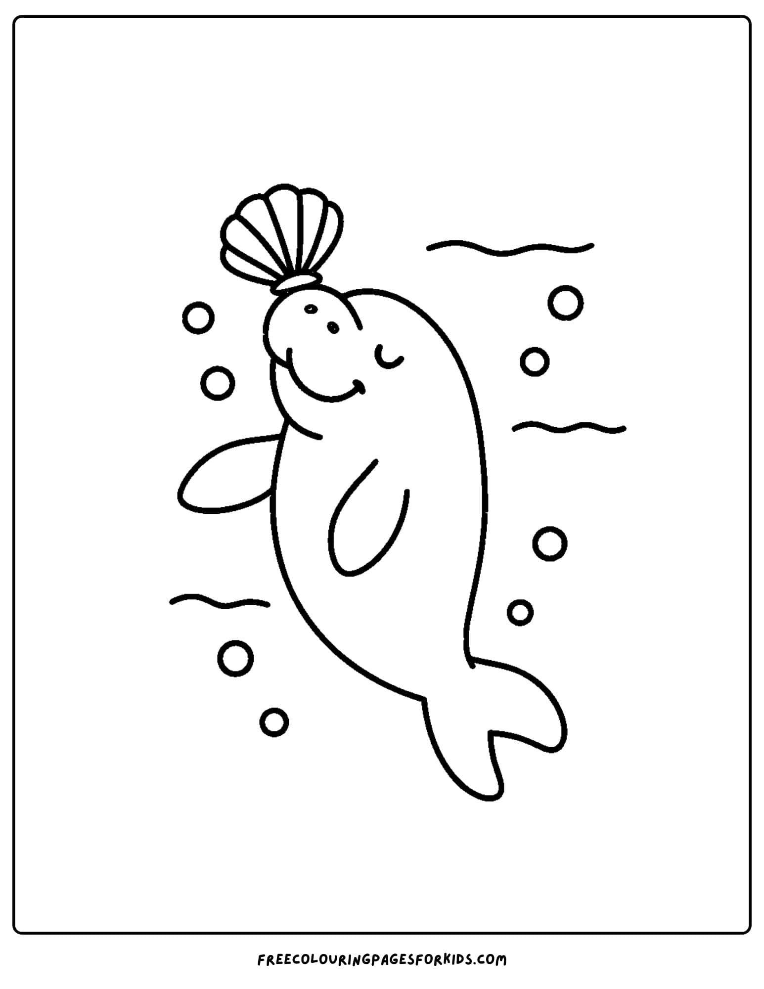 a manatee coloring page showing a manatee balancing a seashell on its nose