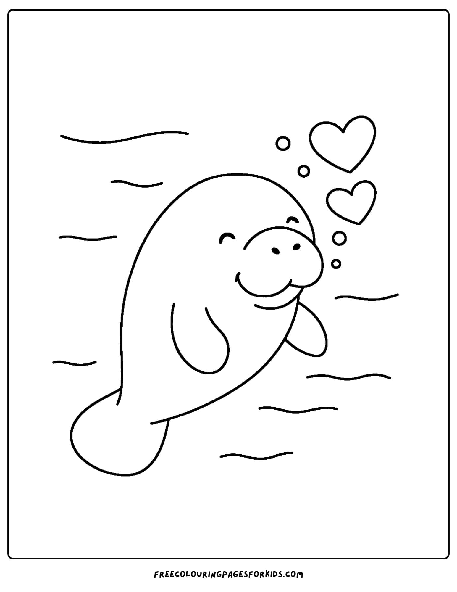 a manatee coloring page showing a manatee blowing heart bubbles