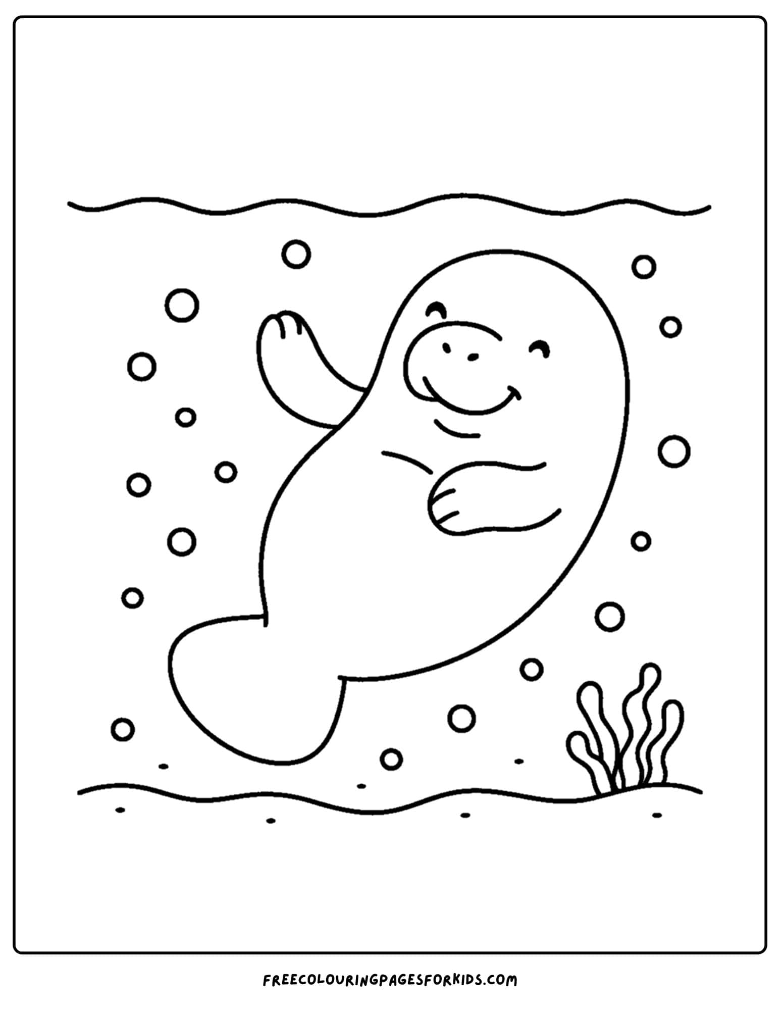 a manatee coloring page showing a manatee floating on its back under water