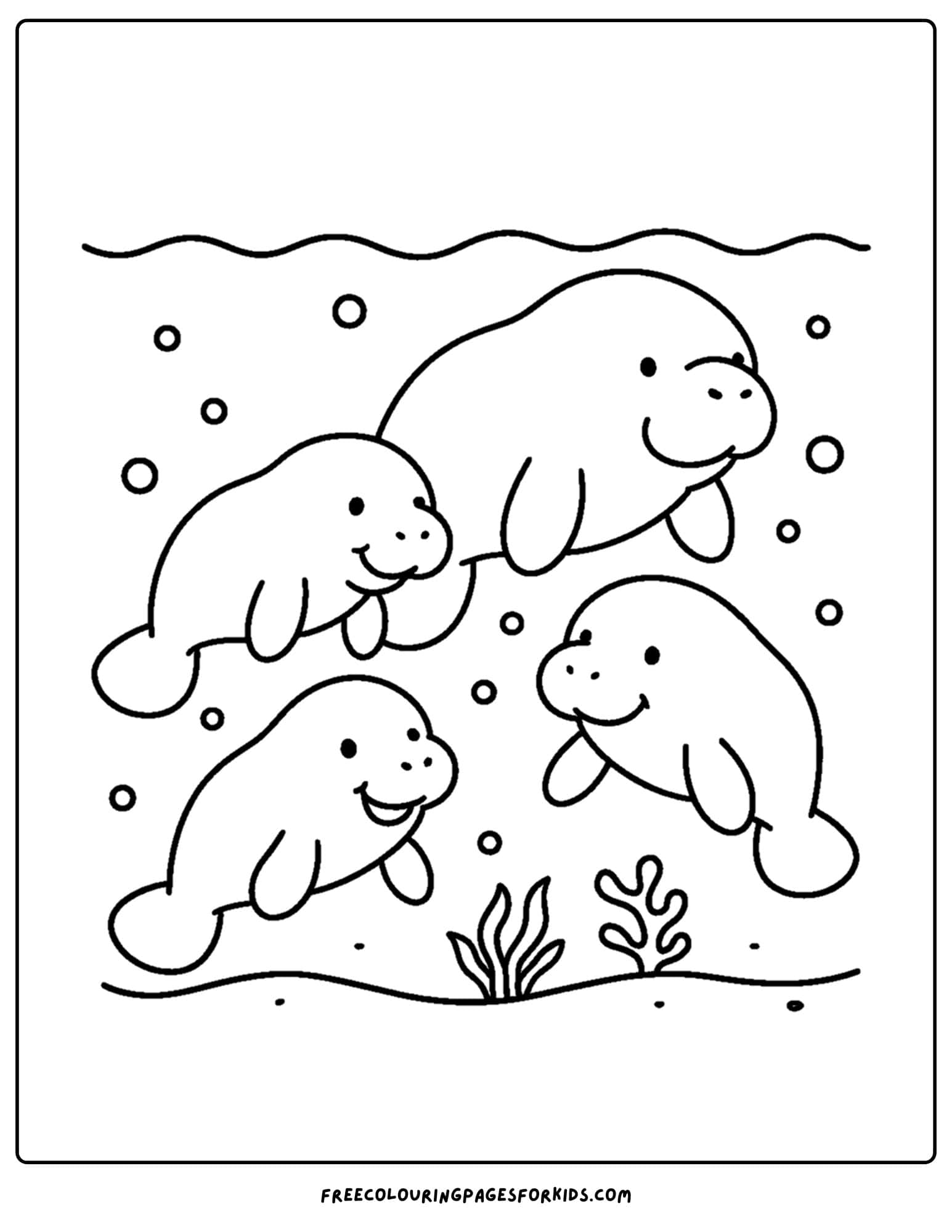 a manatee coloring page showing a group of manatee together