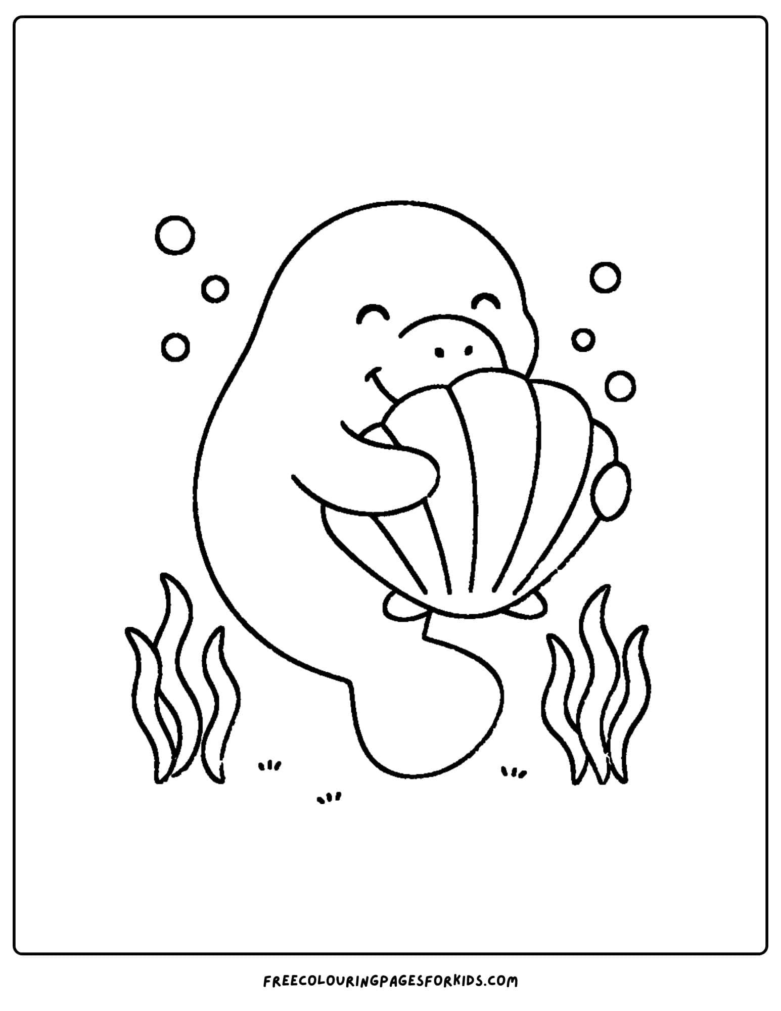 a manatee coloring page showing a manatee hugging a giant clam shell