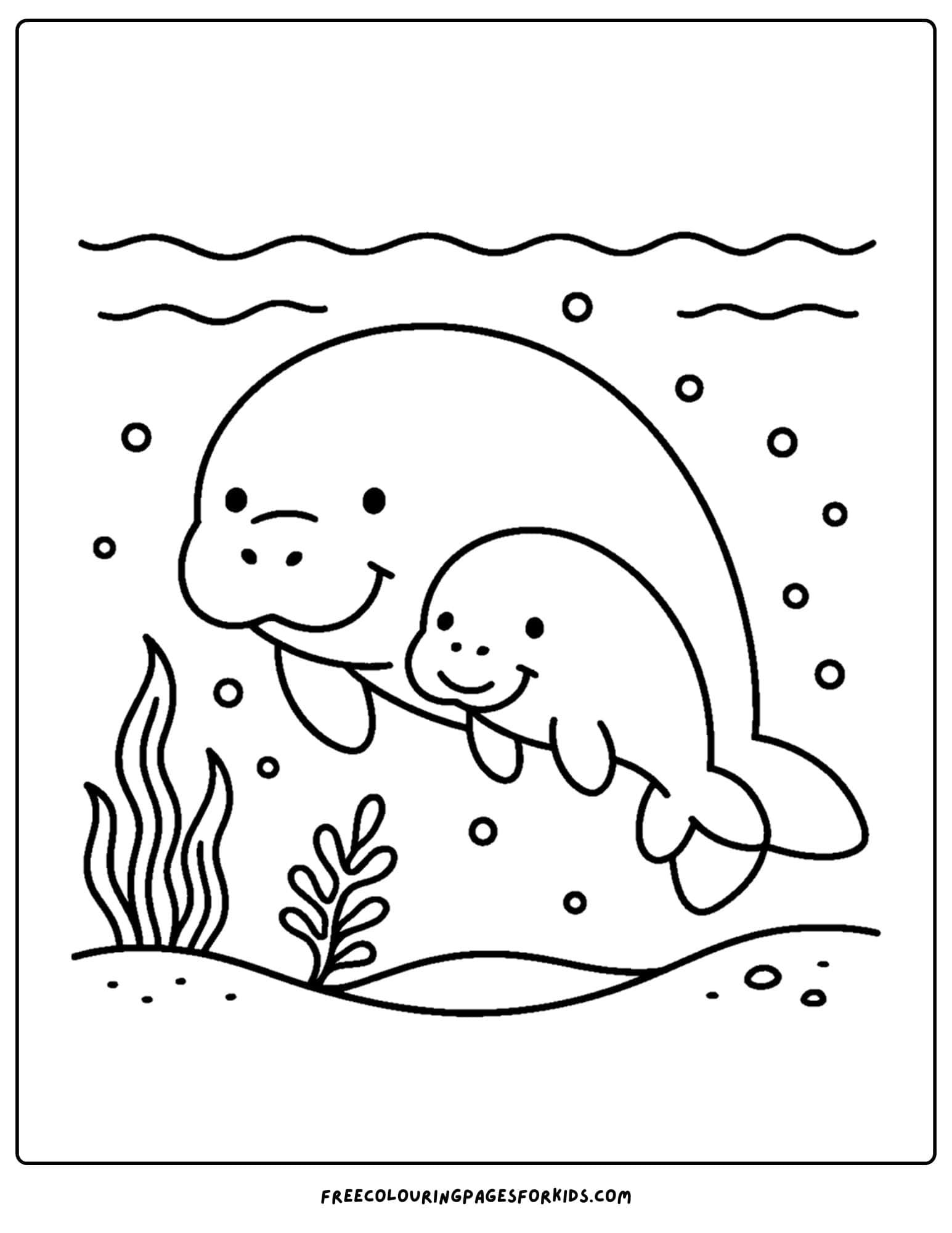 a manatee coloring page showing a manatee mother and its baby
