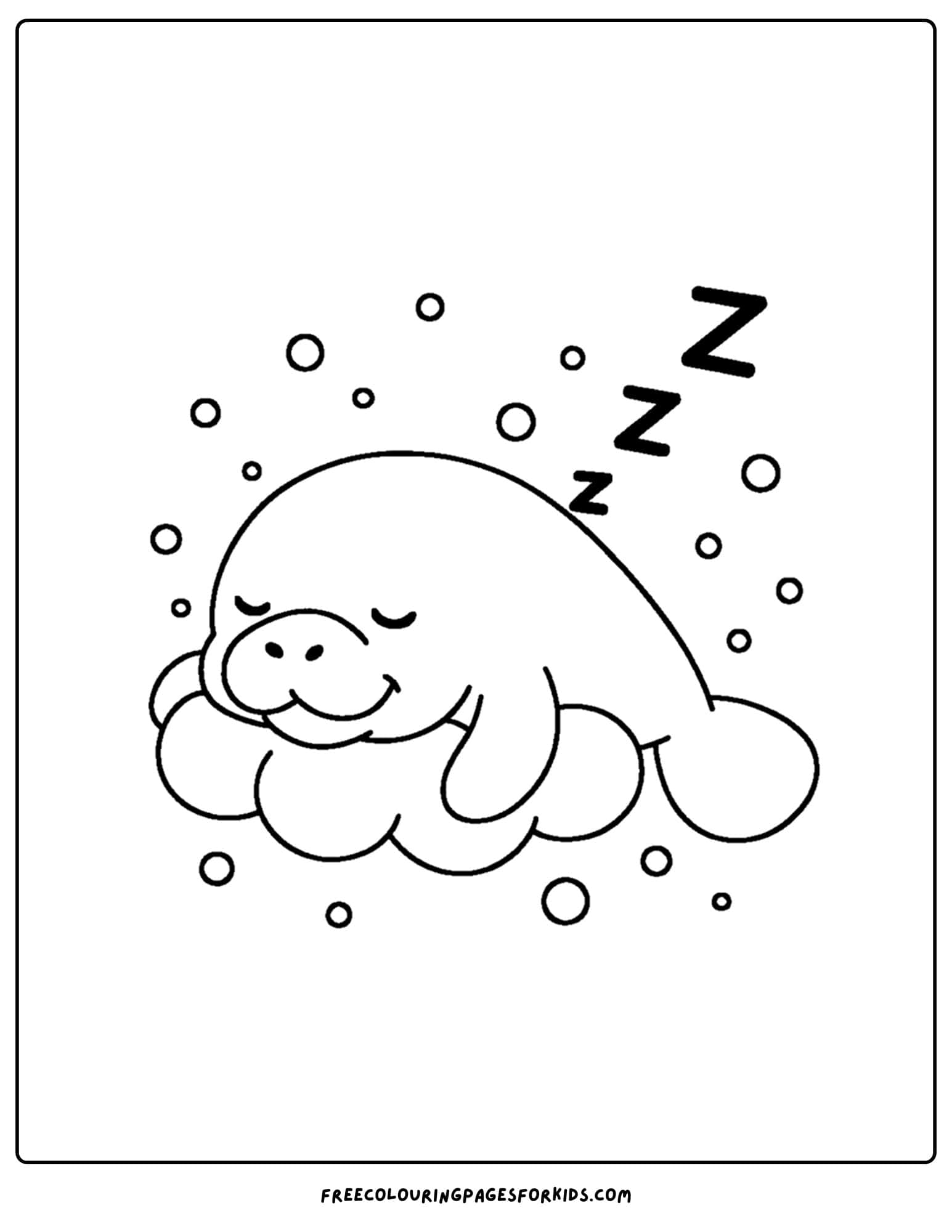 a manatee coloring page showing a manatee sleeping