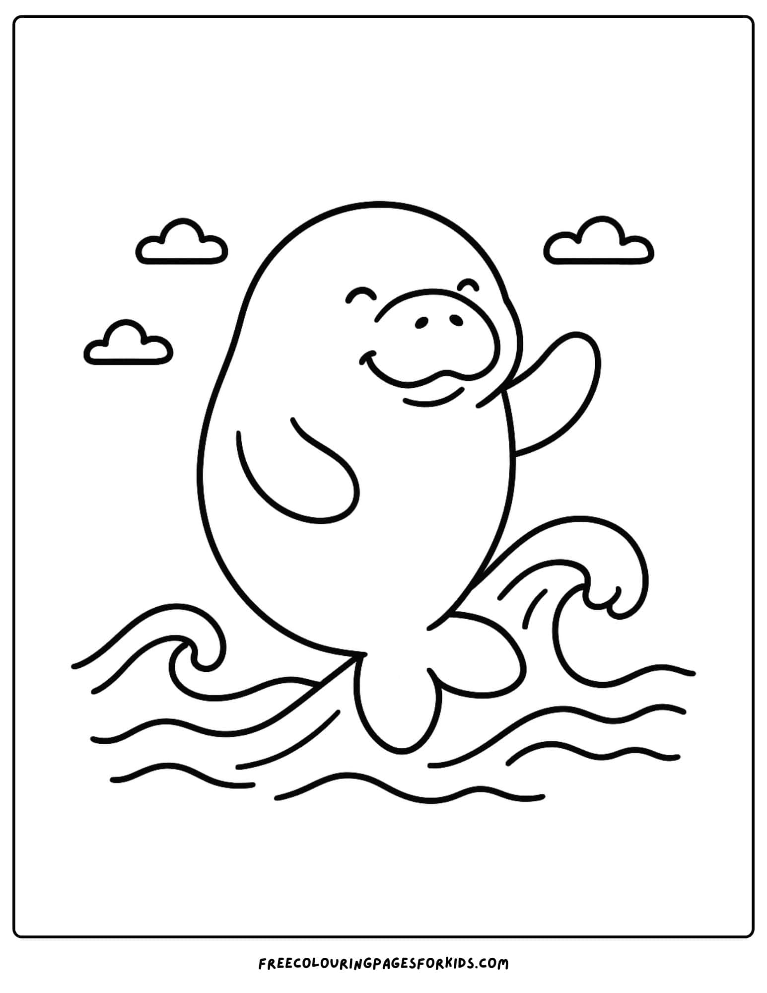 a manatee coloring page showing a manatee riding the waves
