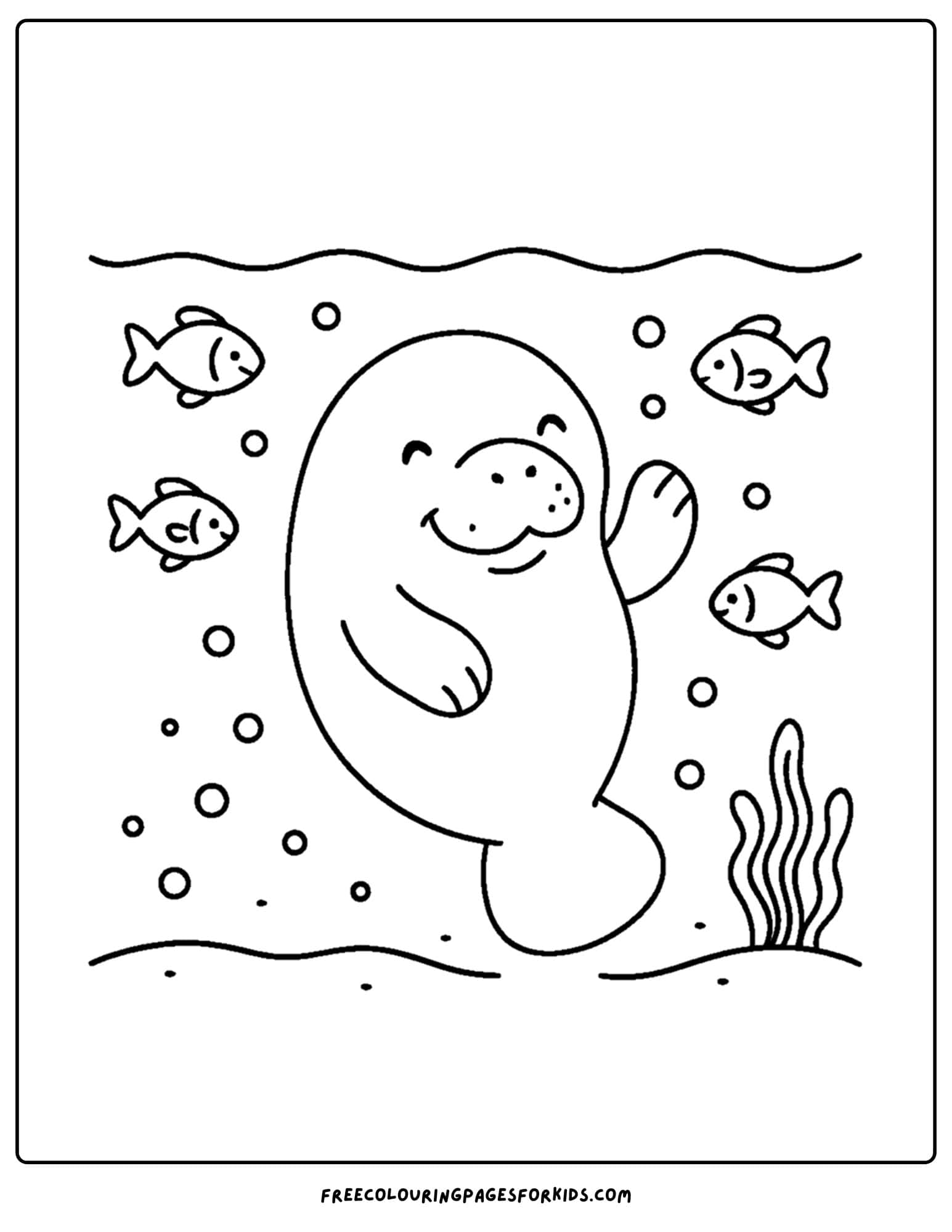 a manatee coloring page showing a manatee surrounded by fish