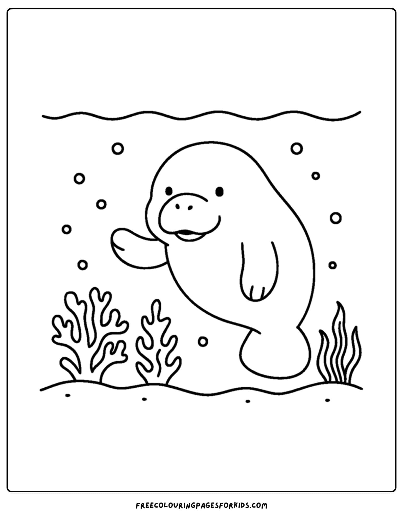 a manatee coloring page showing a manatee swimming near some coral