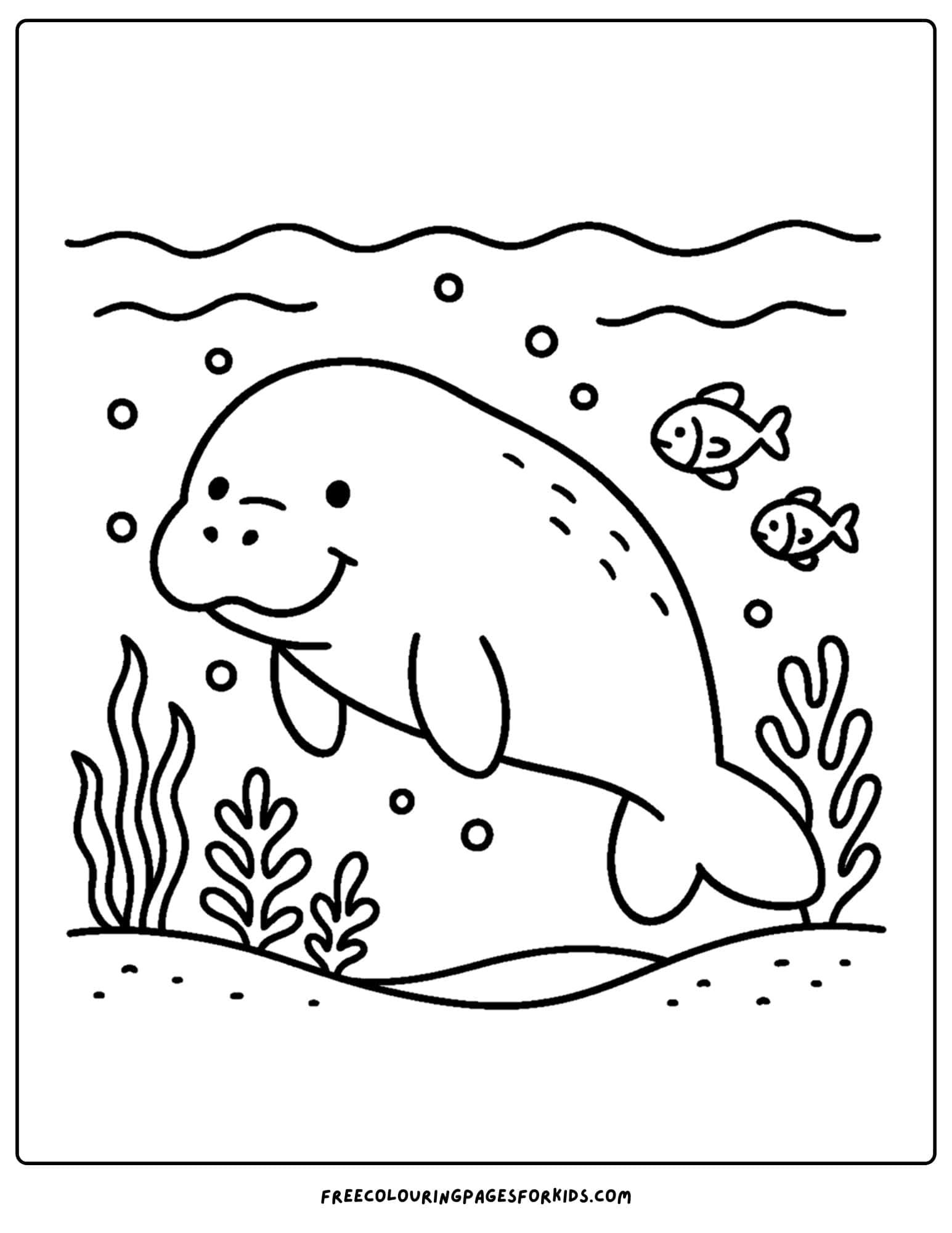 a manatee coloring page showing a manatee swimming peacefully under the water