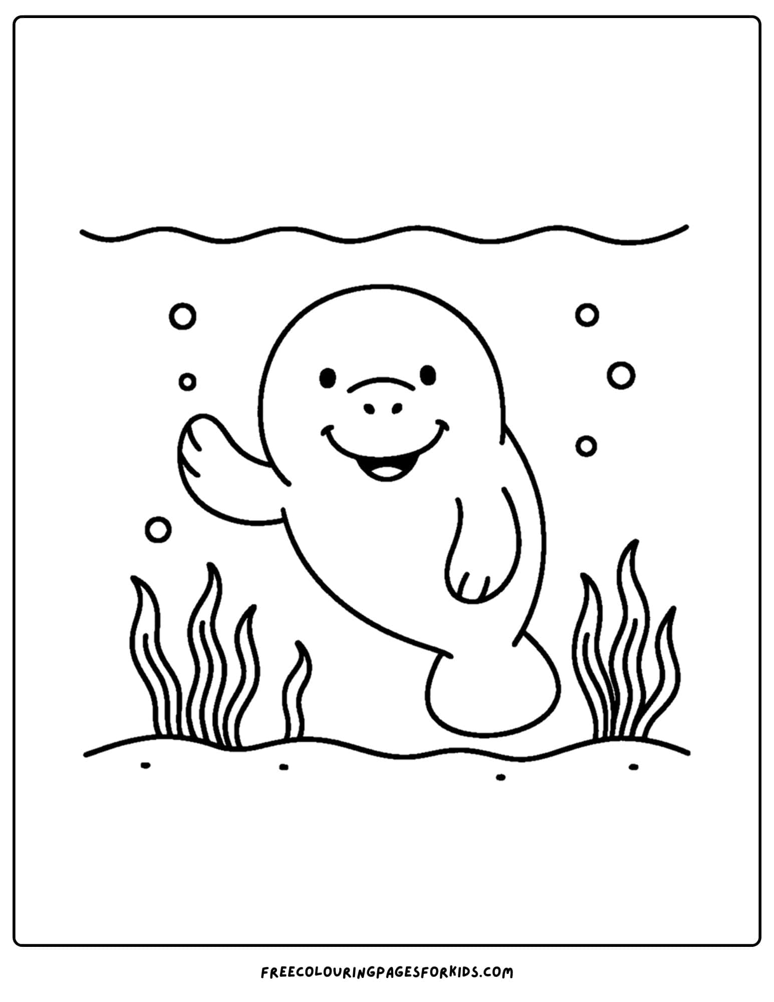 a manatee coloring page showing a manatee waving a flipper