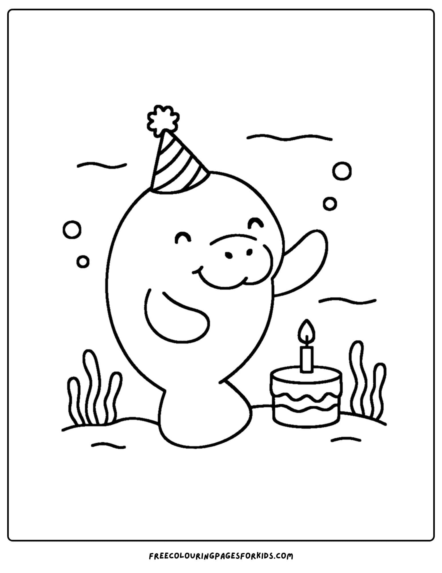 a manatee coloring page showing a manatee celebrating a birthday with a cake