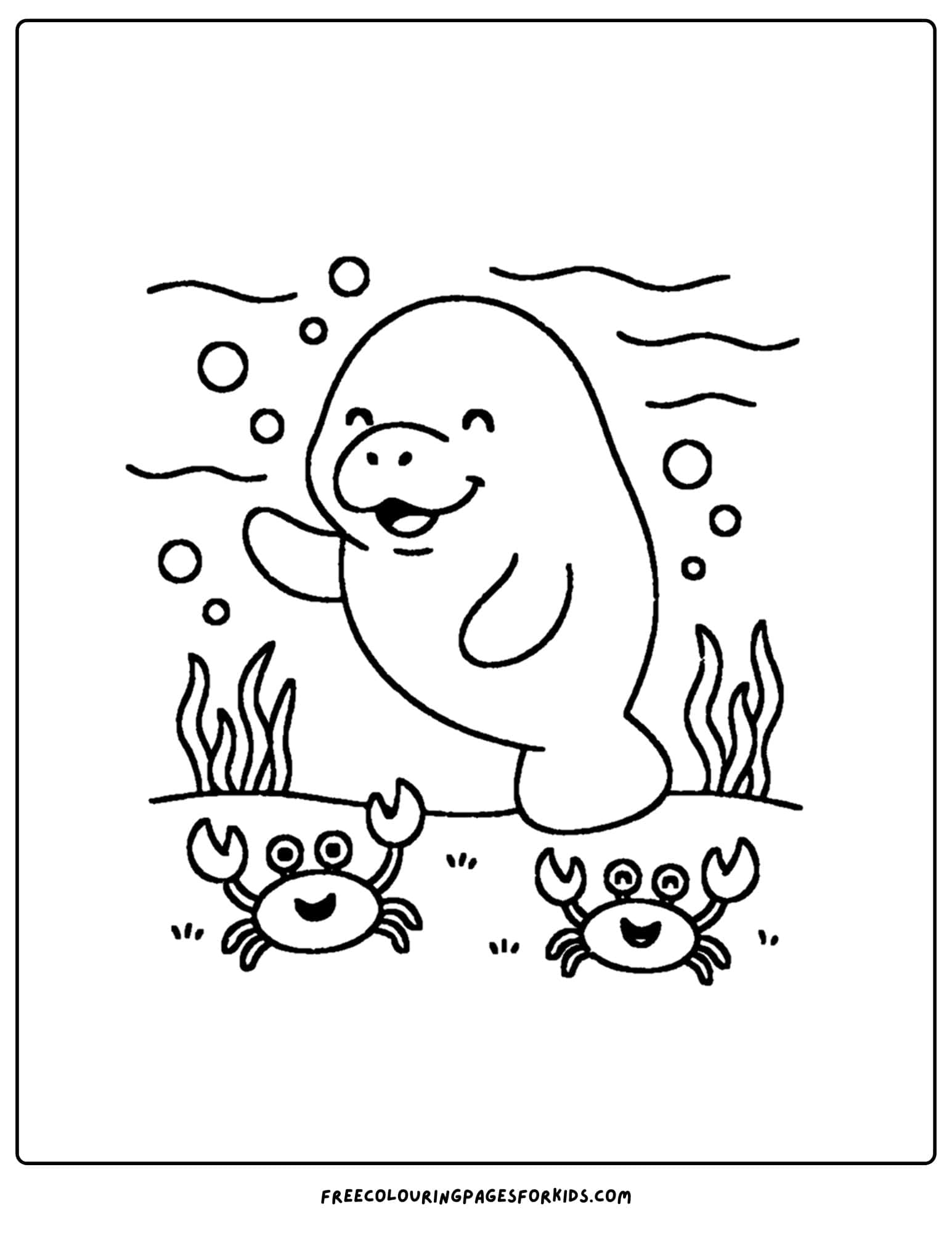 a manatee coloring page showing a manatee with some crabs