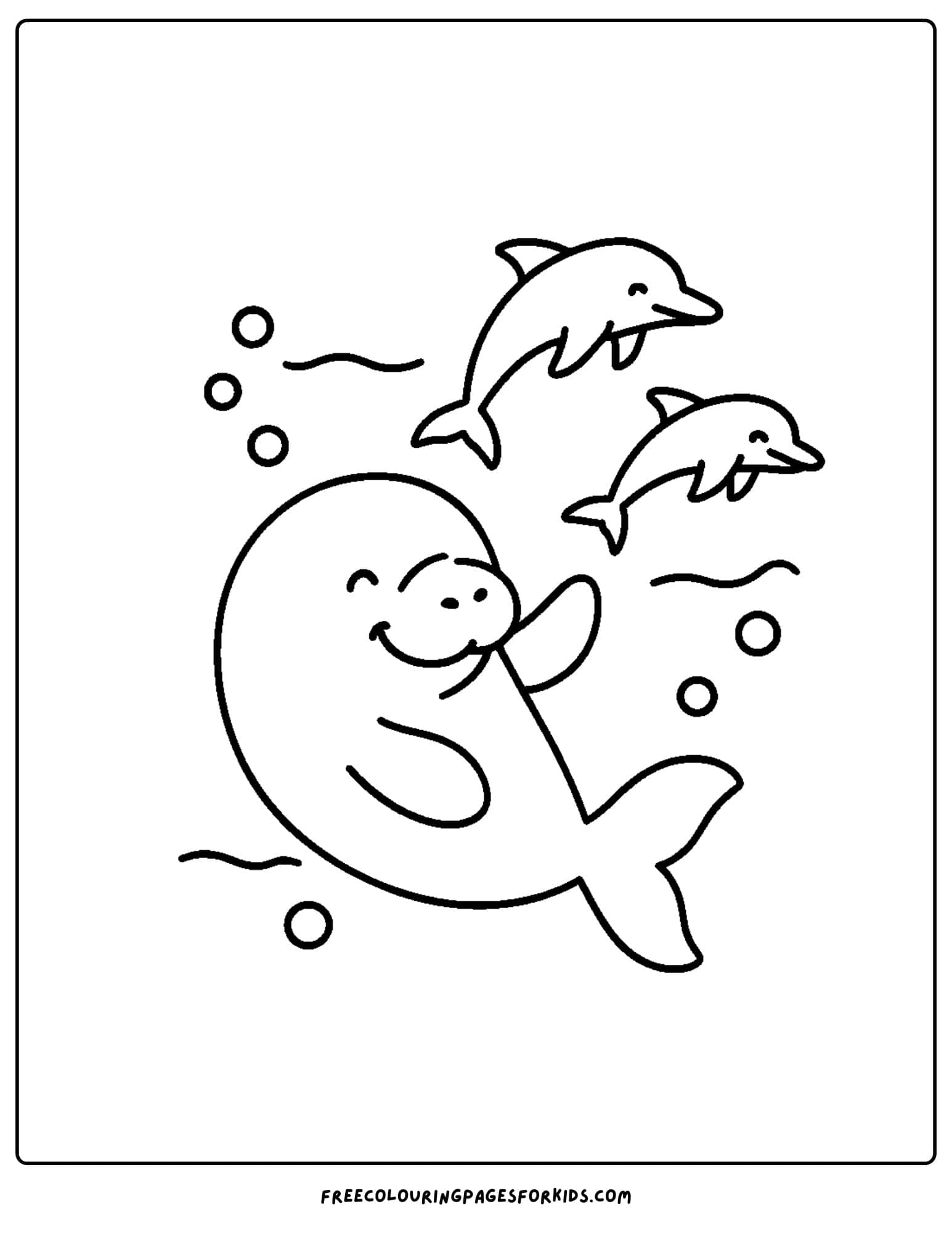 a manatee coloring page showing a manatee and some baby dolphins