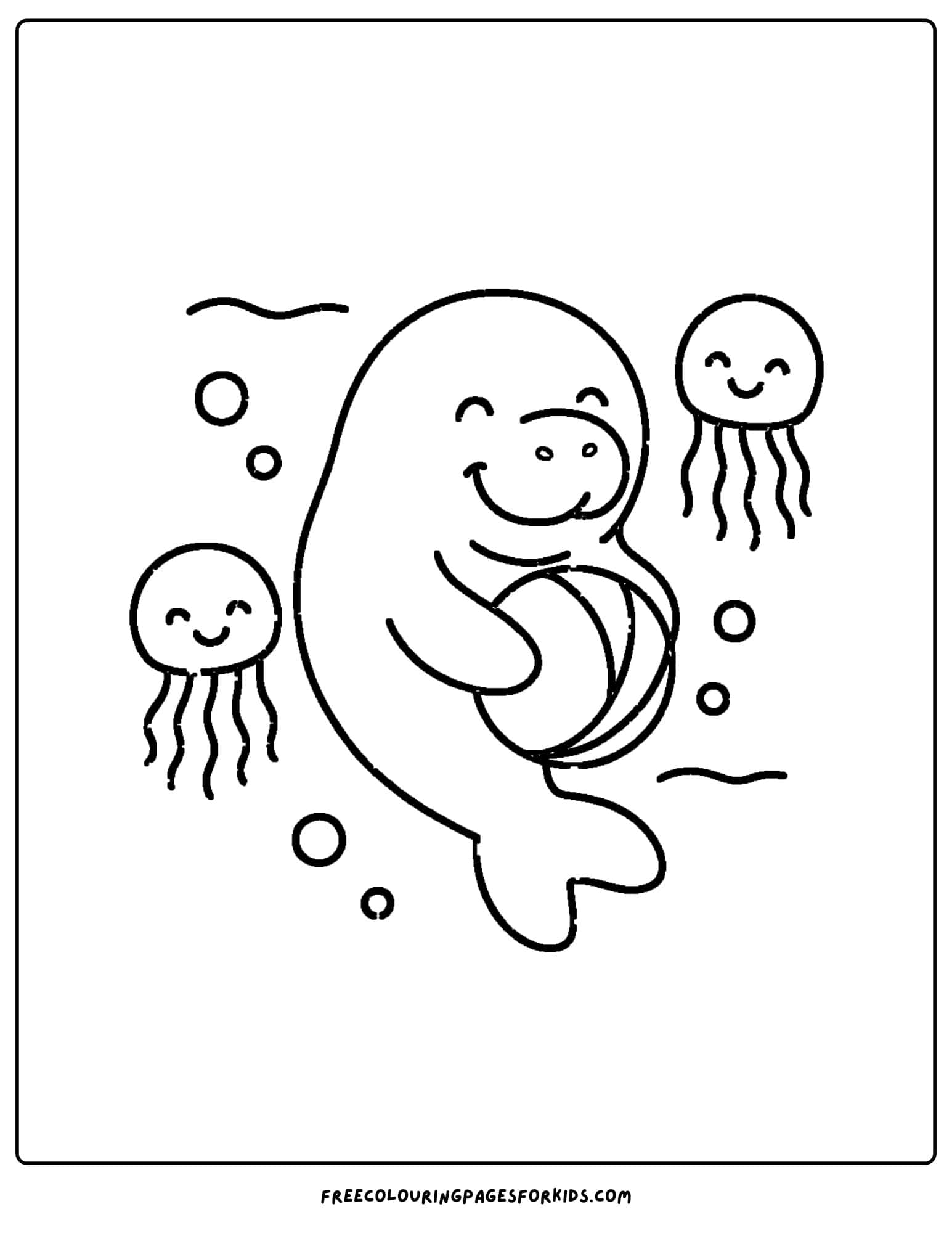 a manatee coloring page showing a manatee playing ball with jellyfish