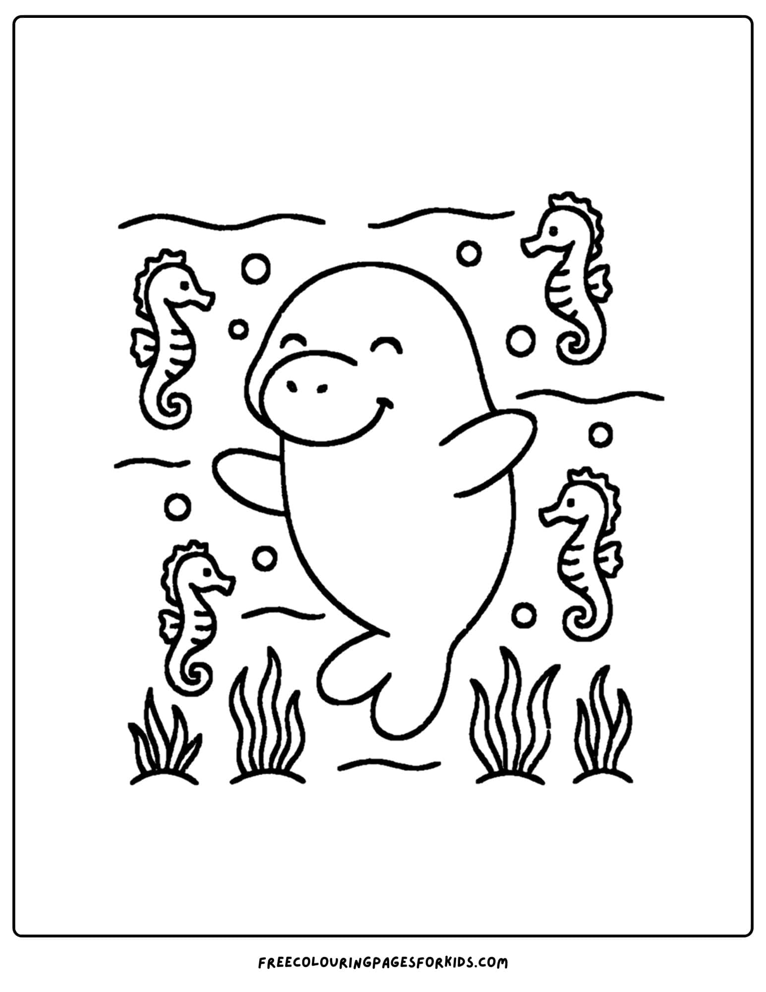 a manatee coloring page showing a manatee swimming with seahorses