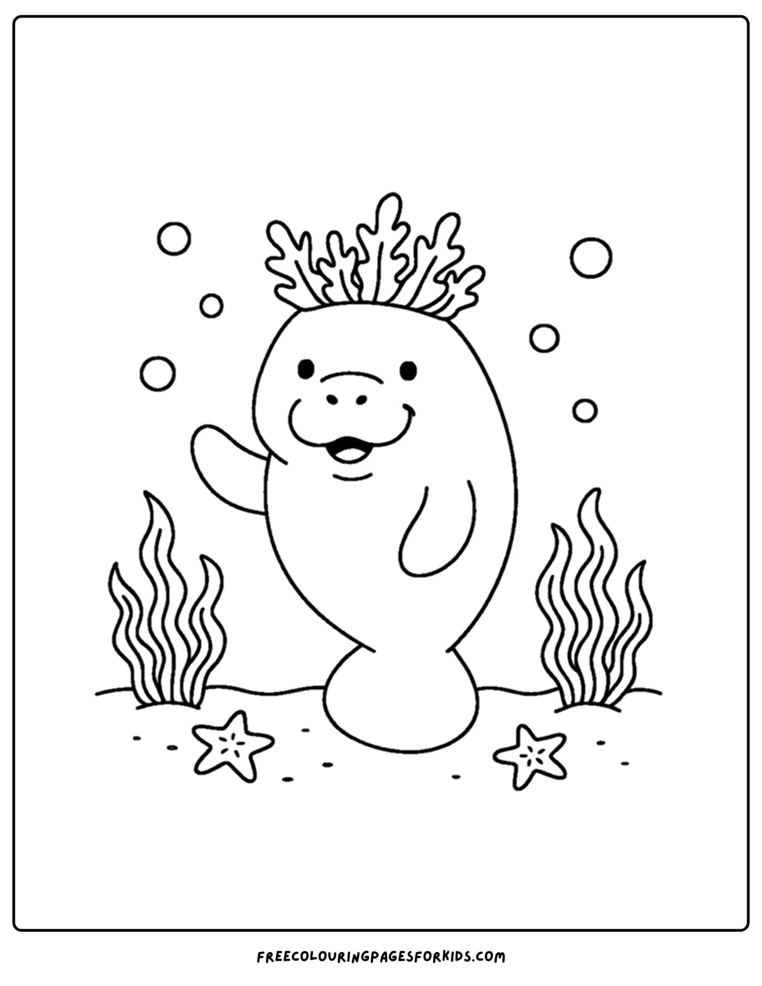 a manatee coloring page showing a manatee wearing a seaweed crown