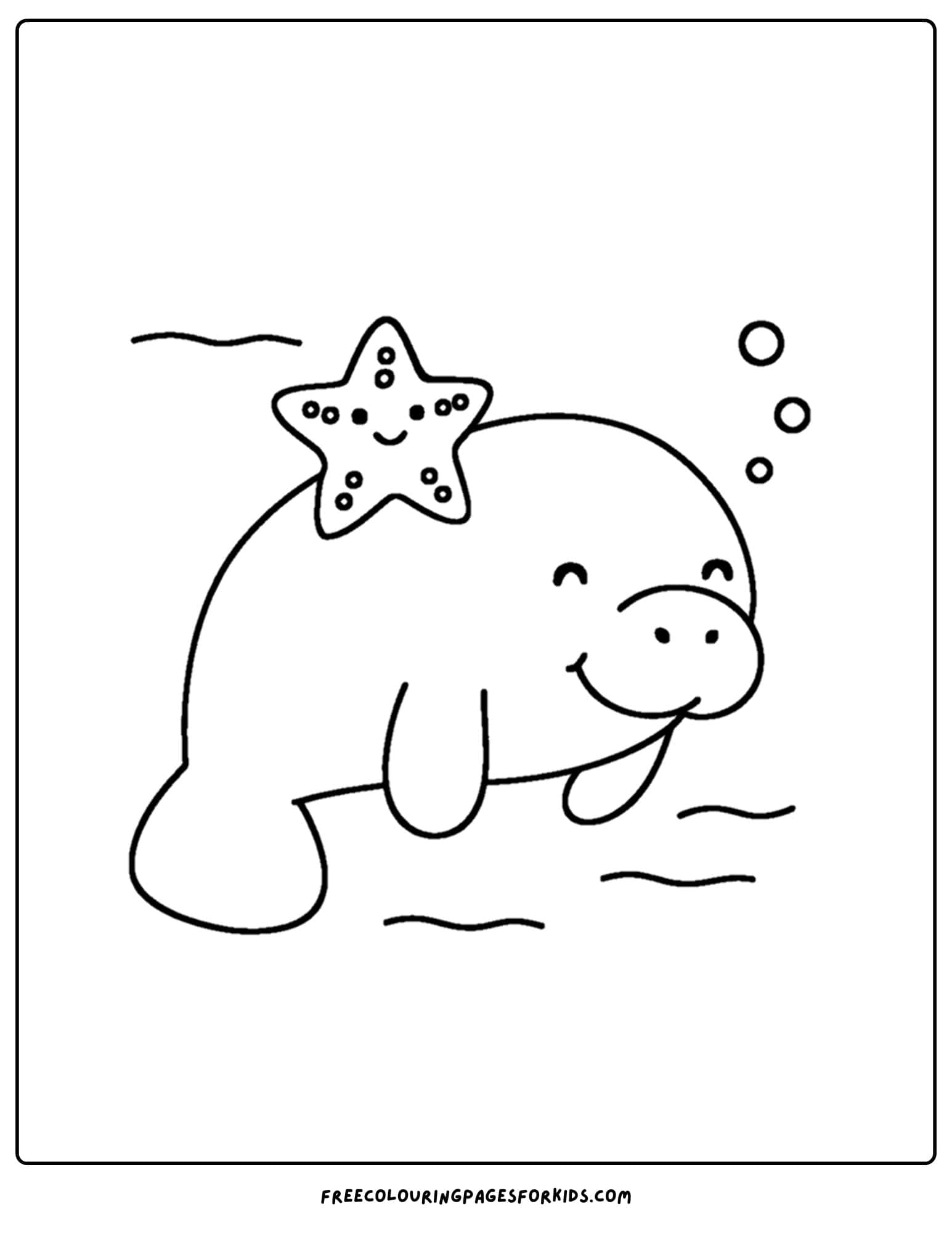 a manatee coloring page showing a manatee with a starfish