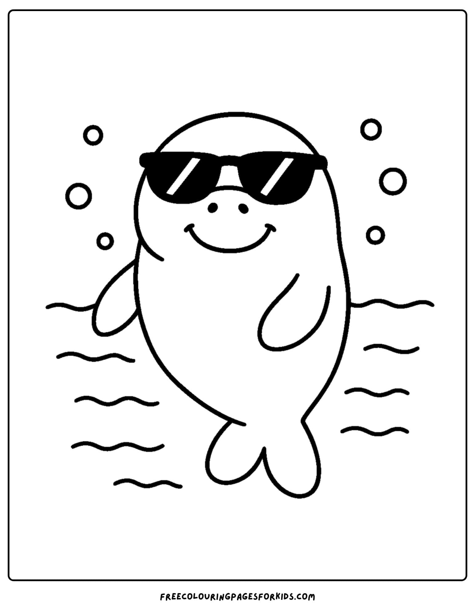 a manatee coloring page showing a manatee wearing sunglasses