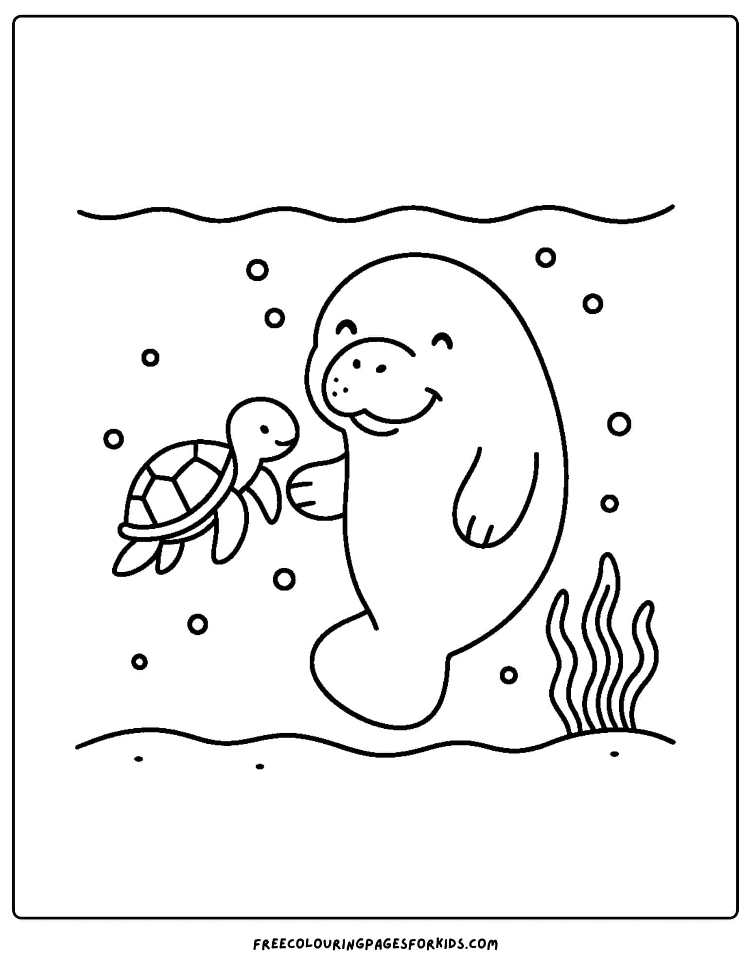 a manatee coloring page showing a manatee and a turtle together