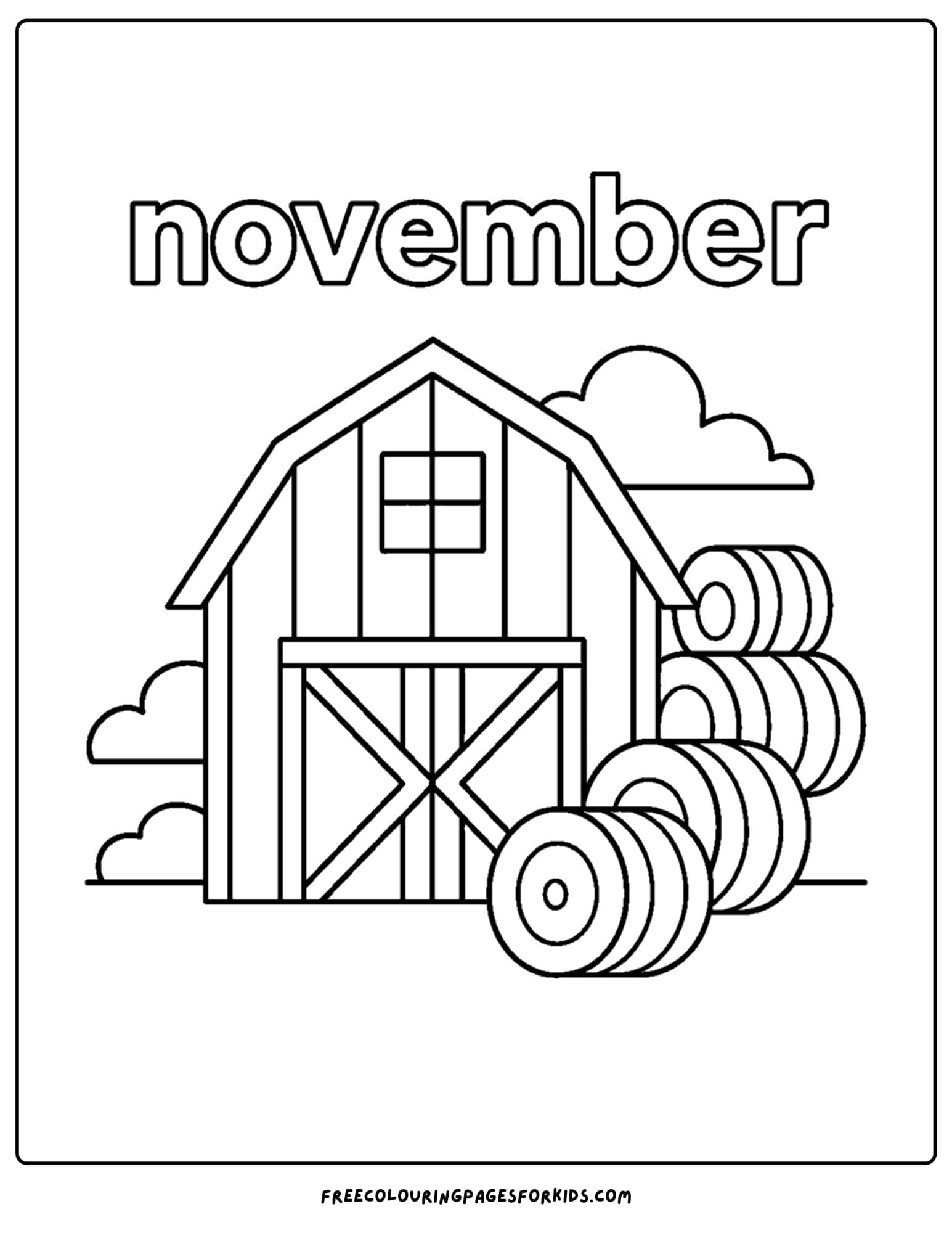 a november coloring page of a farm barn