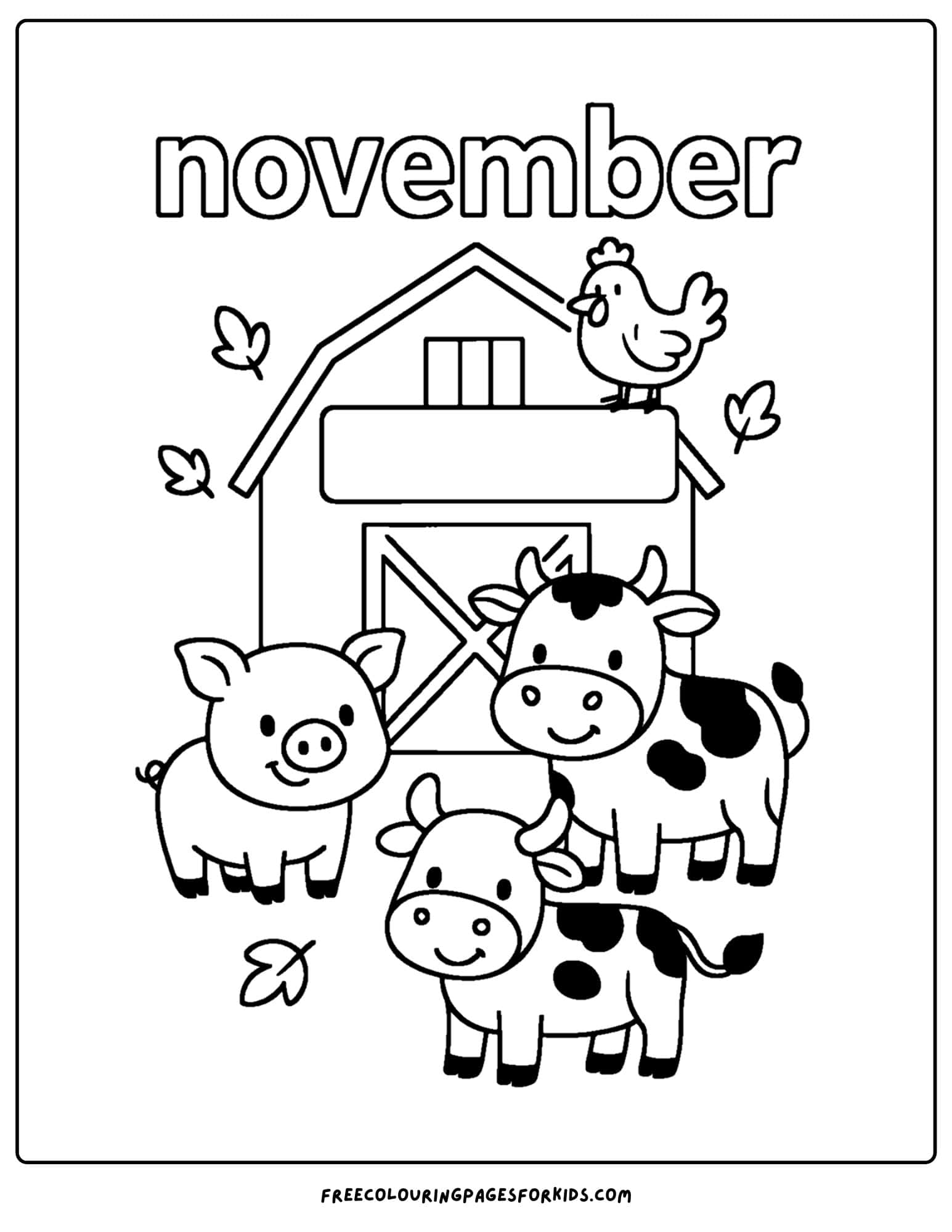 a november coloring page of some barnyard animals