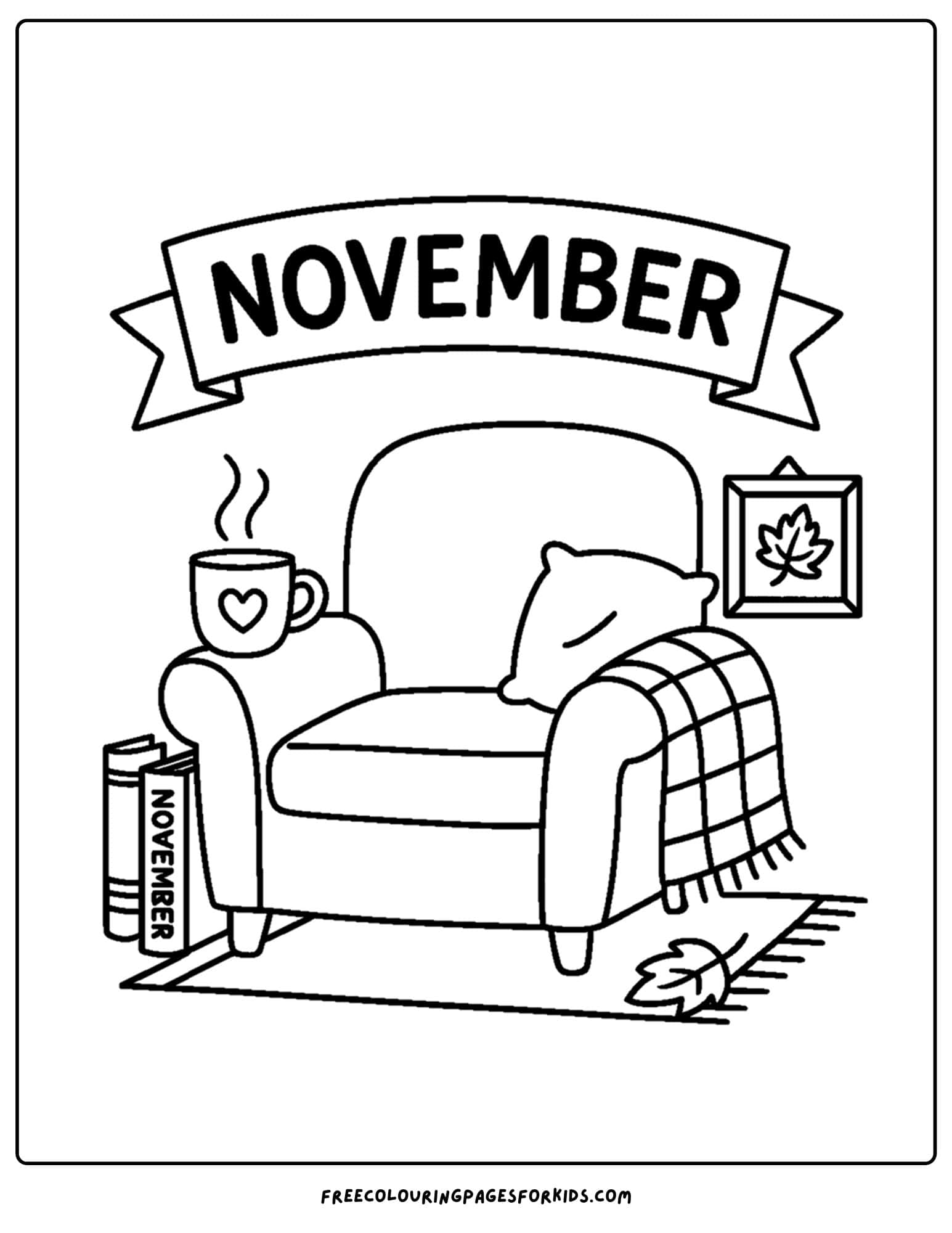 a november coloring page of a chair with blankets and books