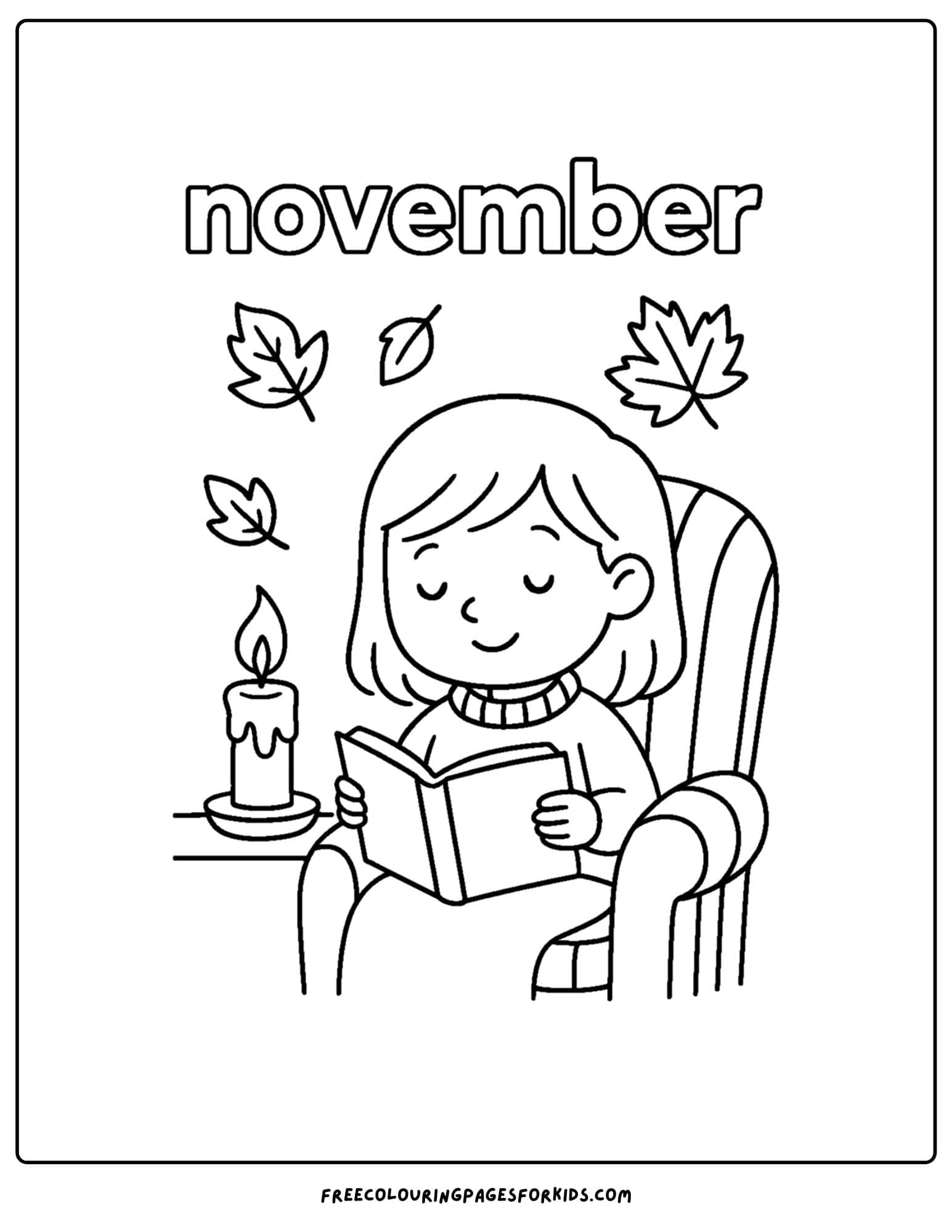 a november coloring page of a girl reading by candle light