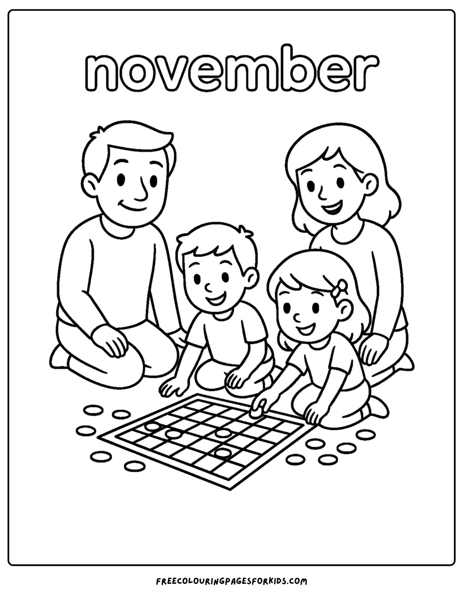 a november coloring page of a family playing a board game