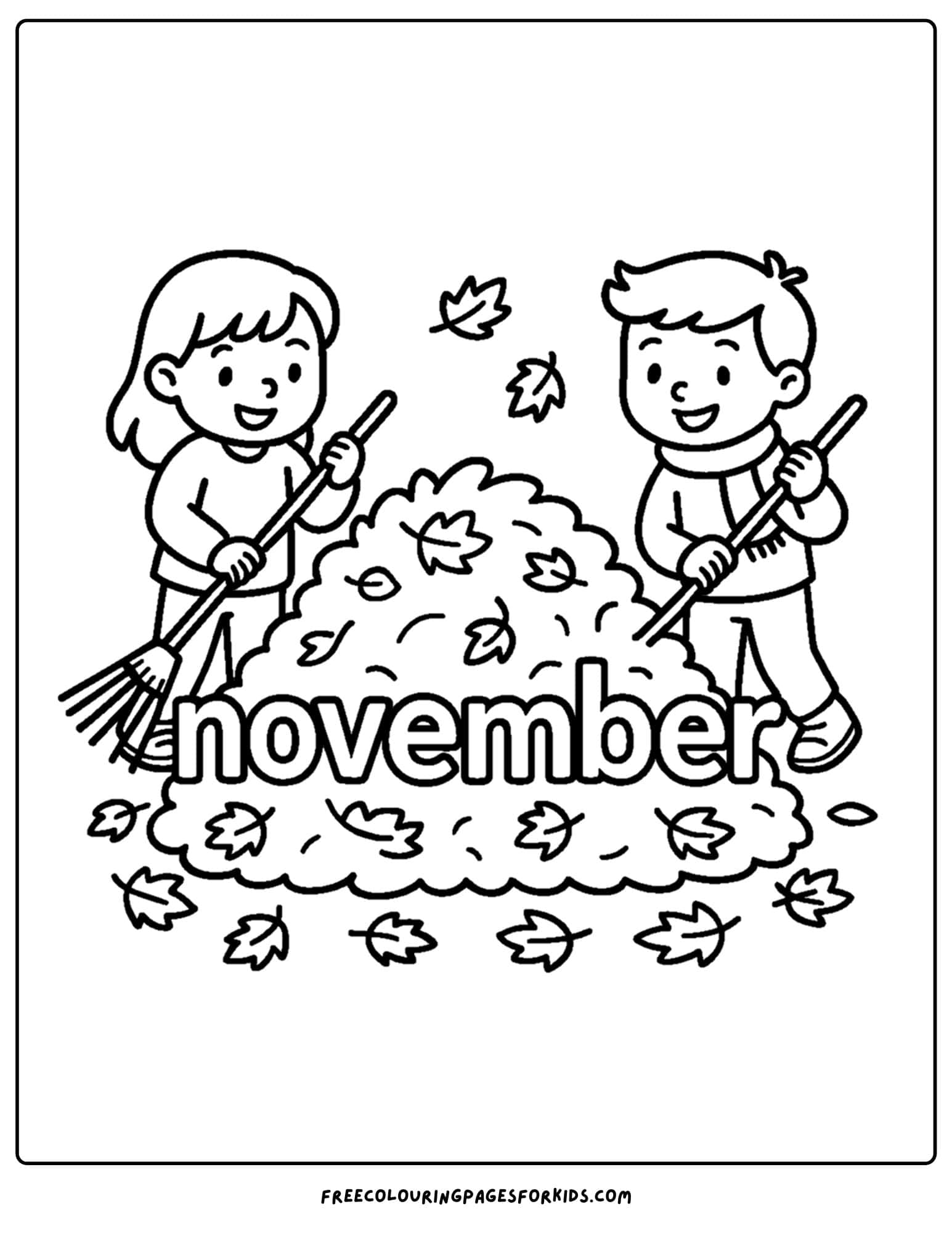 a november coloring page of kids raking up leaves