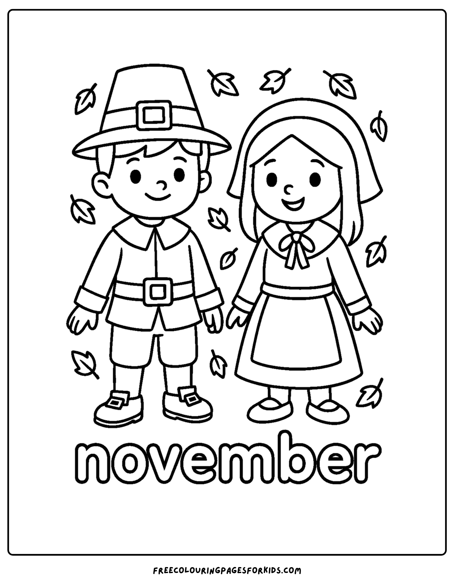 a november coloring page of cute pilgrim dressed kids